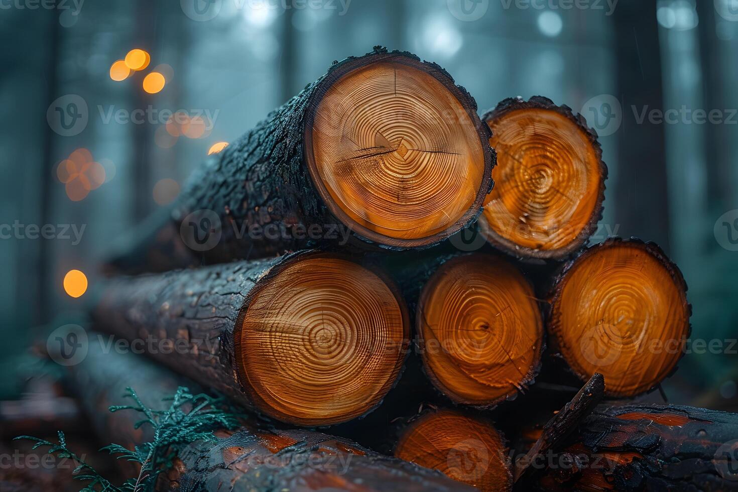 Misty Forest Logging Scene with Fresh Cut Timber Piled in Foggy Woods for Nature and Industry Themes photo