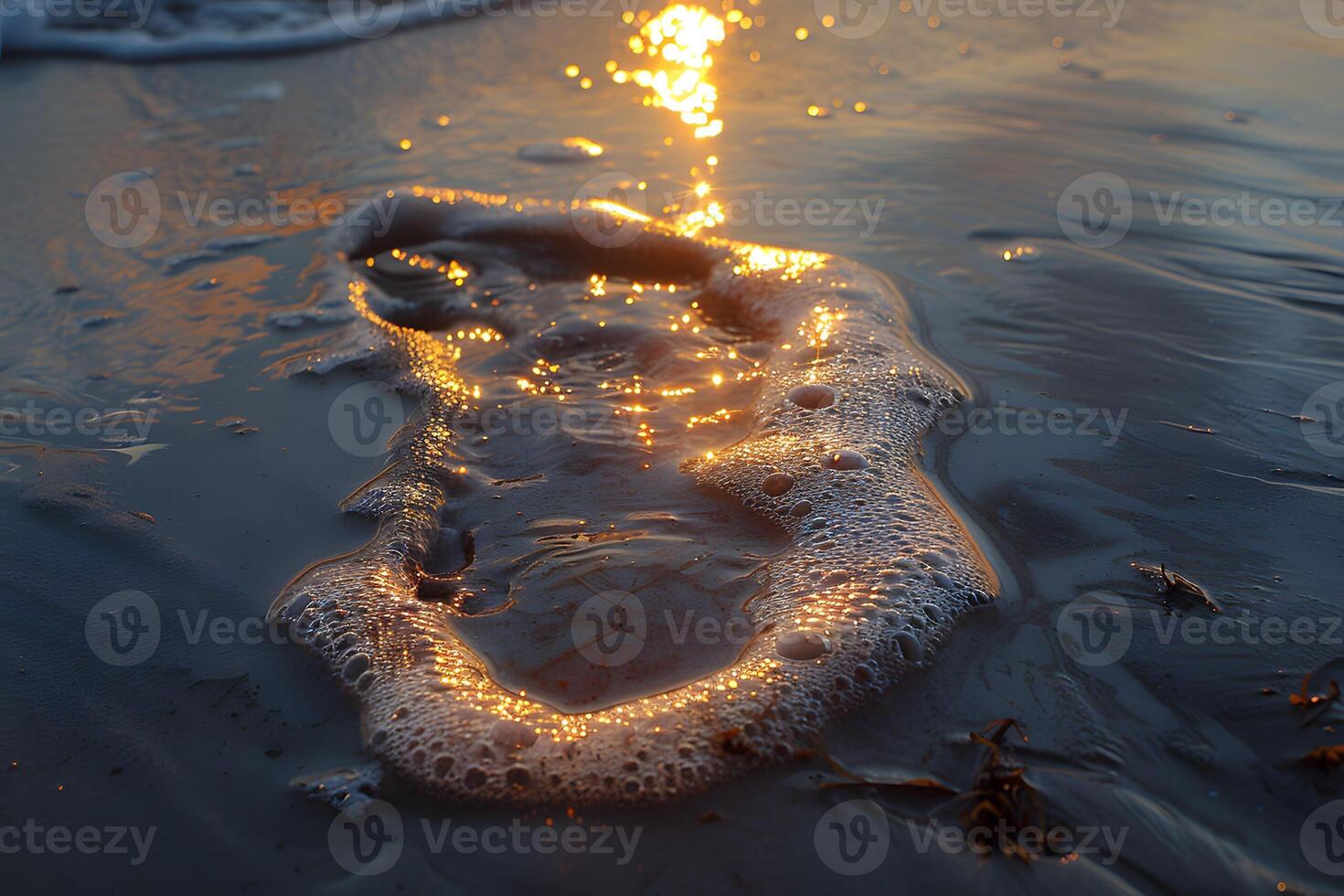 Sunset Reflection on Ocean Waves Footprint on Beach - Nature and Relaxation for Coastal Tourism and Travel Design photo