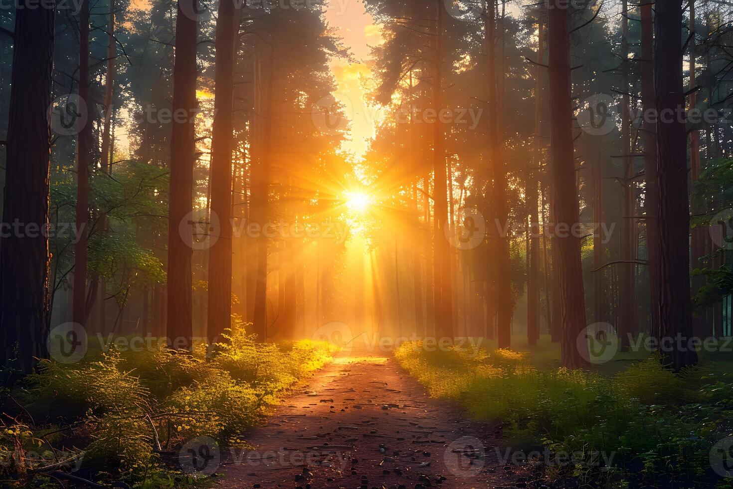 Serene Forest Path at Sunset with Golden Sun Rays - Nature, Tranquility, Landscape for Print, Poster photo