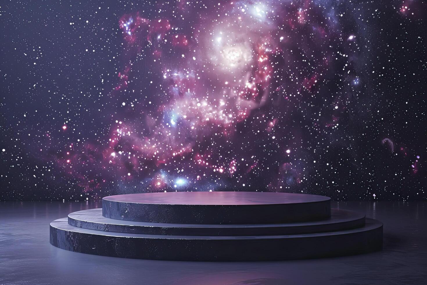 3d podium on the background of the night galaxy sky. photo
