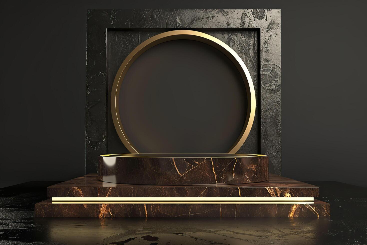 3d black marble product display podium with golden frame. photo