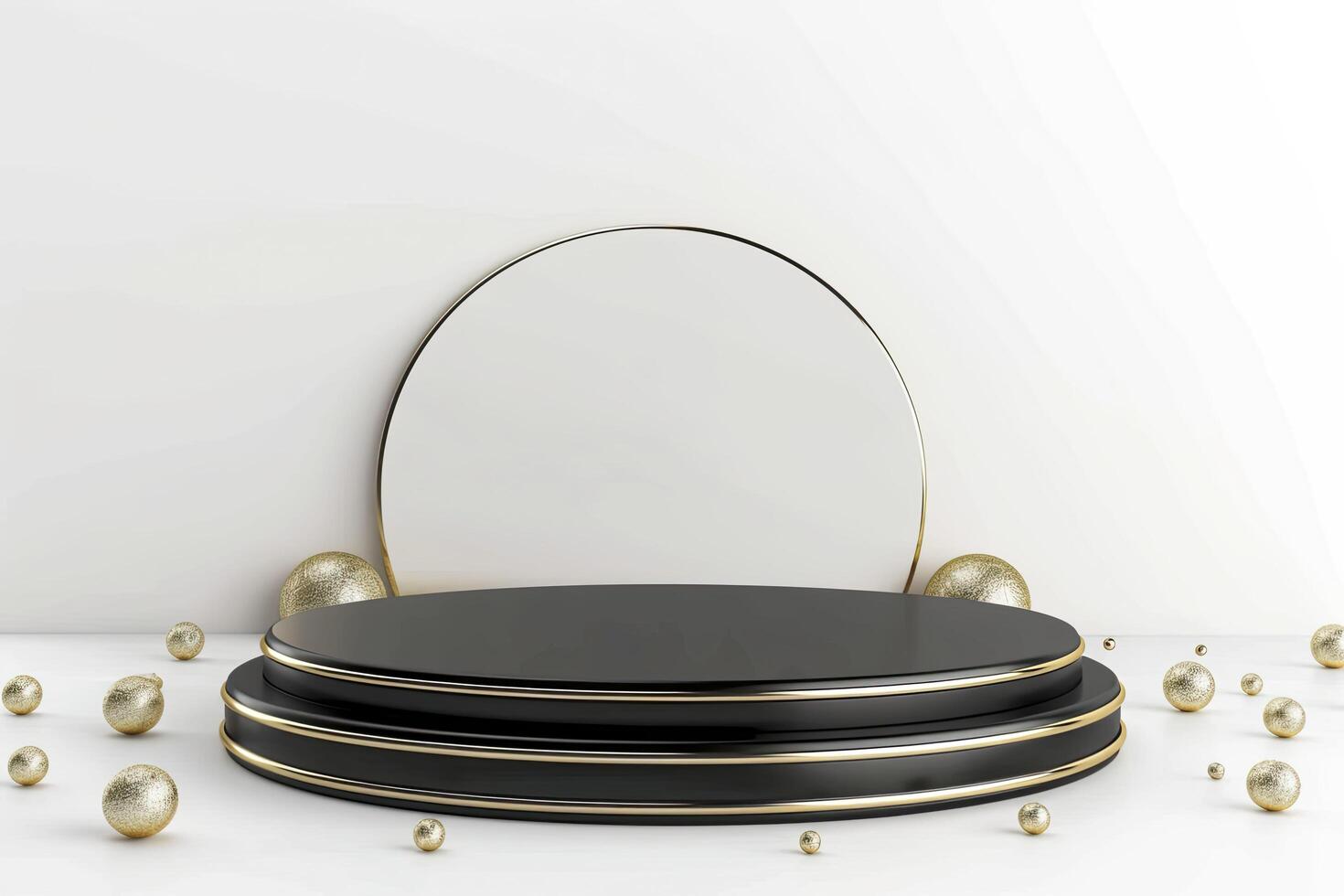 3d black podium with gold balls and round frame on white background. photo