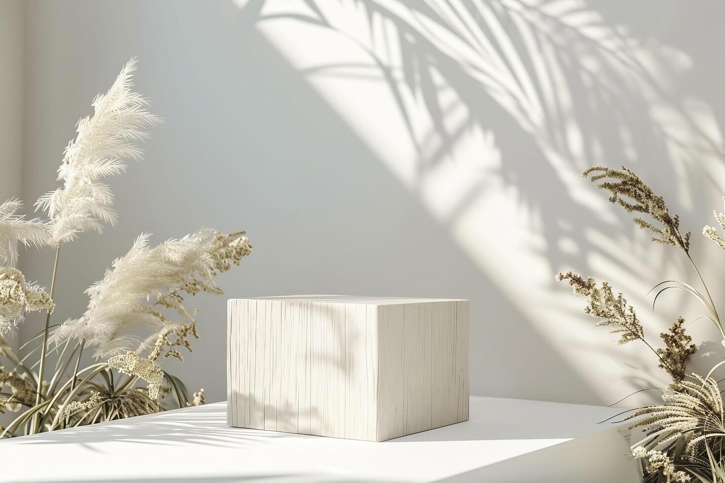 3d minimal product display podium with pampas grass background. photo