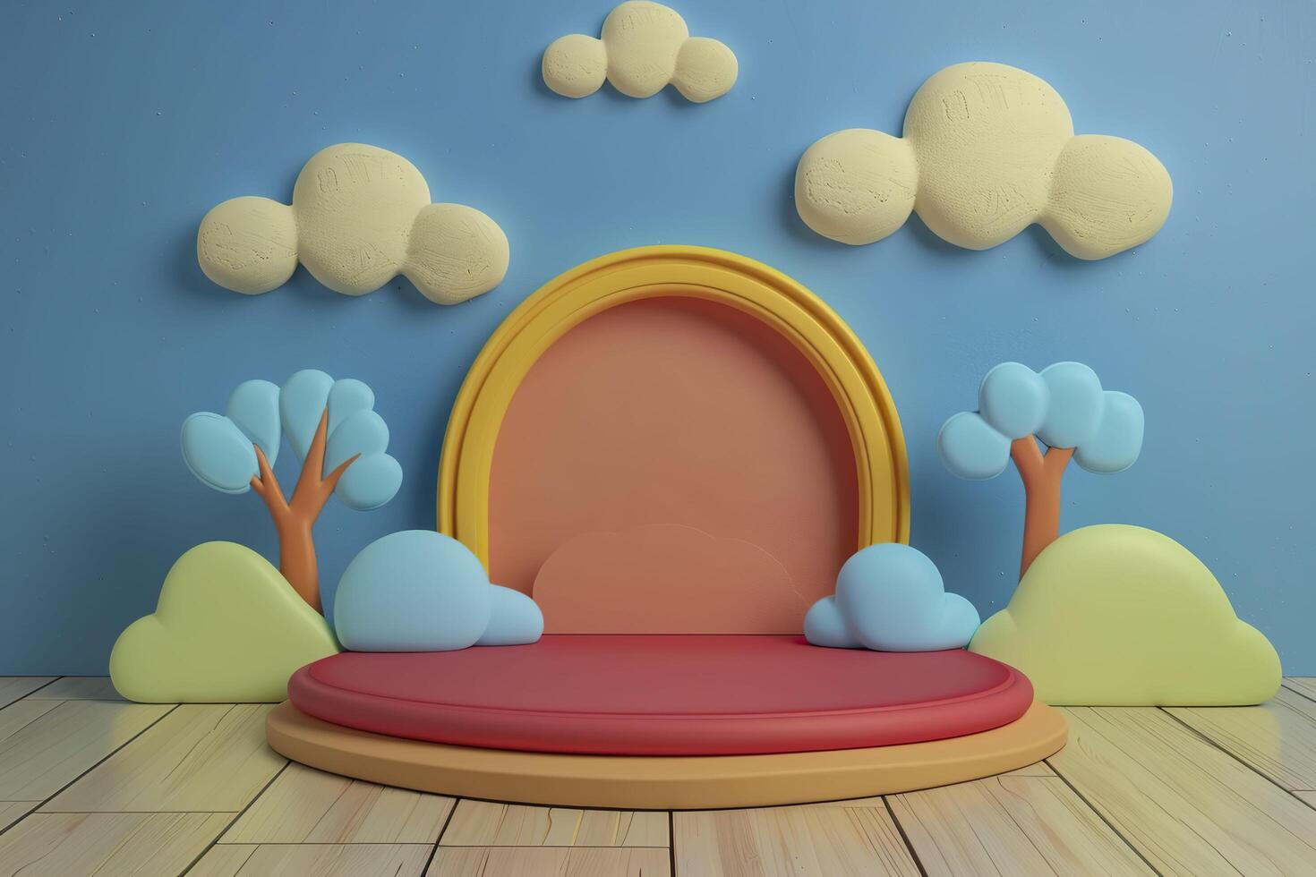 3d minimal scene with podium and clouds, trees. photo