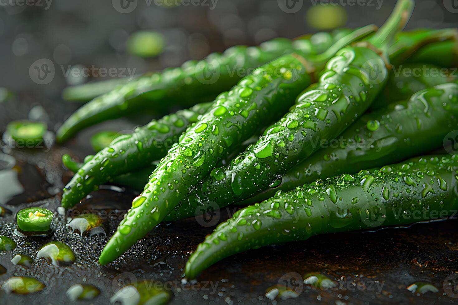 Fresh Green Chili Peppers with Water Droplets on Dark Background - Perfect for Food Blogs, Spicy Recipes, and Market Displays photo