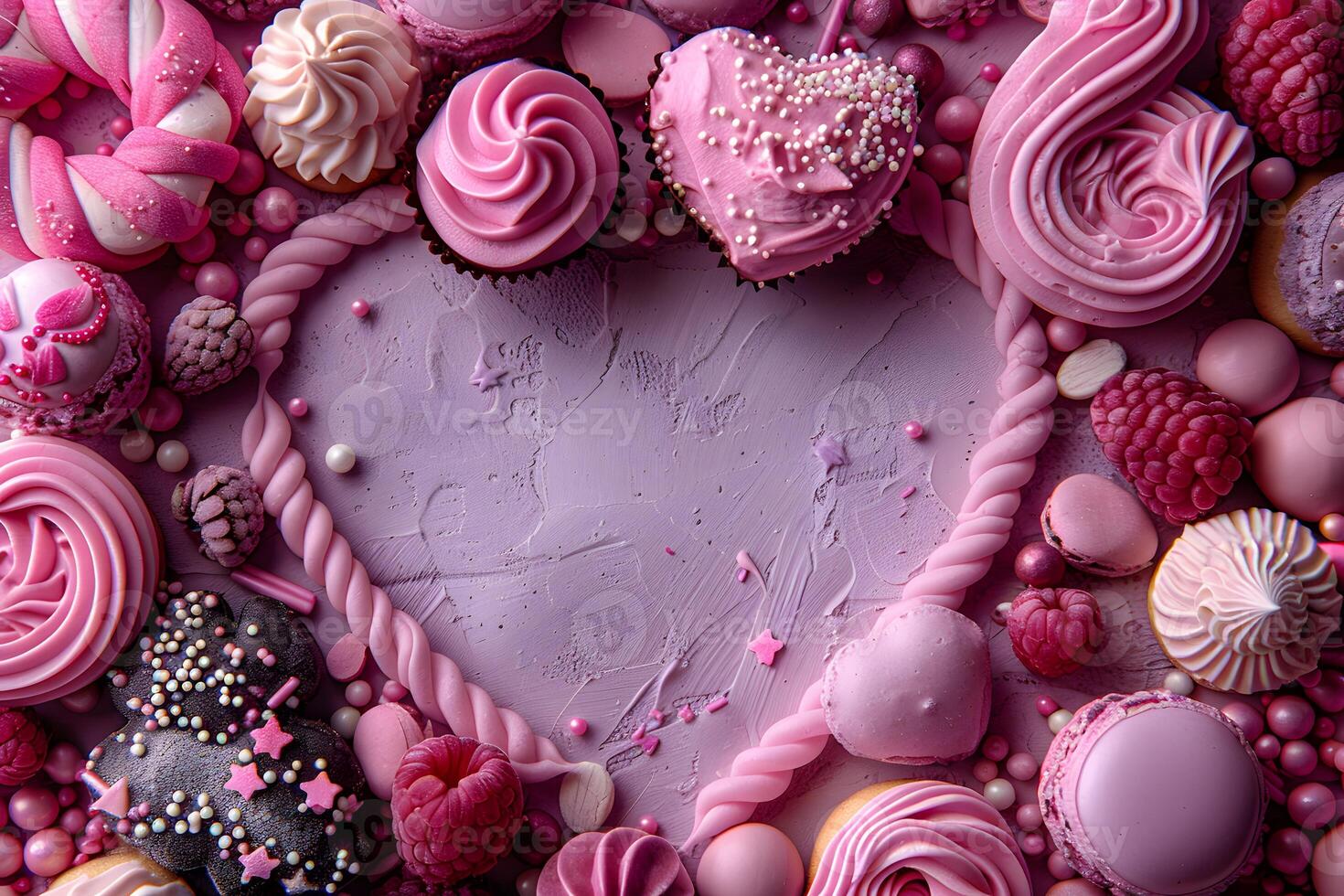 Pink Dessert Heart Frame with Cupcakes, Macarons, and Berries for Valentine's Day Celebrations photo