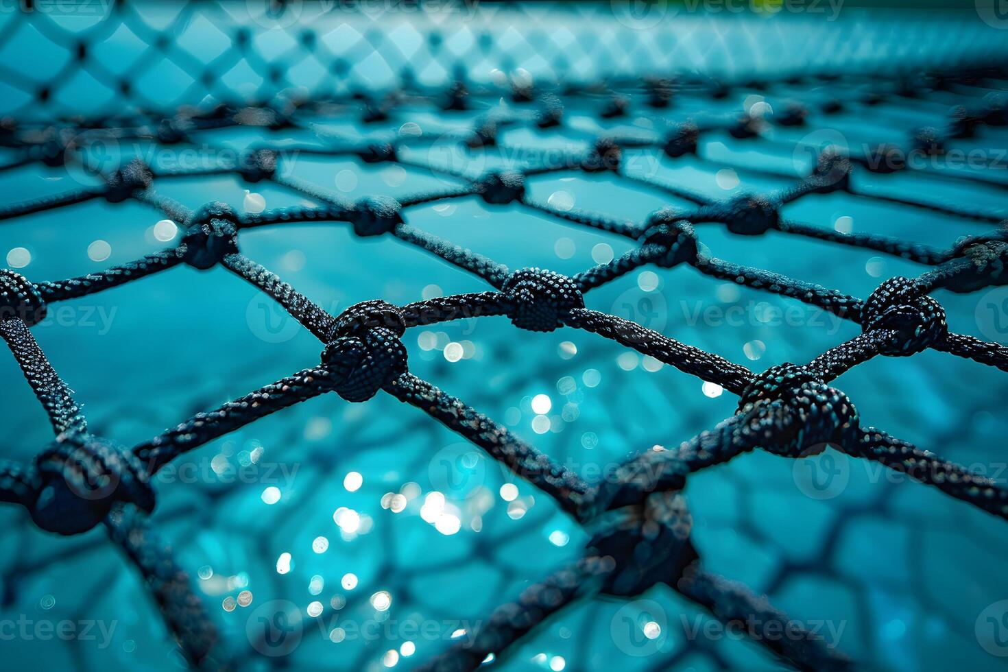 Close-Up of Black Rope Netting Over Sparkling Blue Water for Nautical Design photo