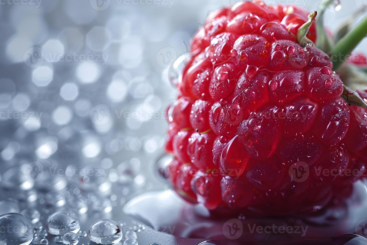 Close-Up of Fresh Raspberry with Water Droplets on Silver Surface - Perfect for Food Photography, Prints, and Design Projects photo