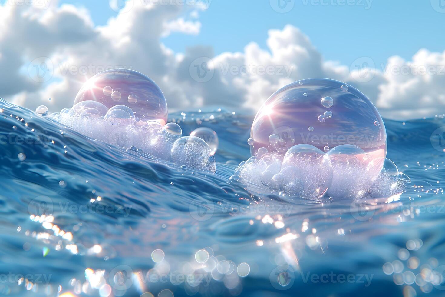 Surreal Ocean Scene with Floating Soap Bubbles Under Cloudy Sky for Serene and Dreamy Designs photo