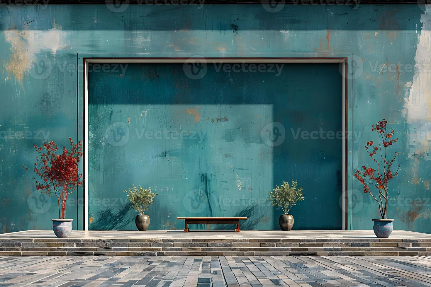 Modern Minimalist Garden with Potted Plants and Wooden Bench in Front of Teal Abstract Wall - Perfect for Contemporary Design and Architecture Projects photo