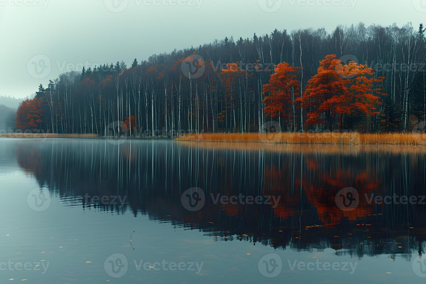 Serene Autumn Lakeside with Reflections and Vibrant Foliage - Perfect for Print, Card, Poster photo