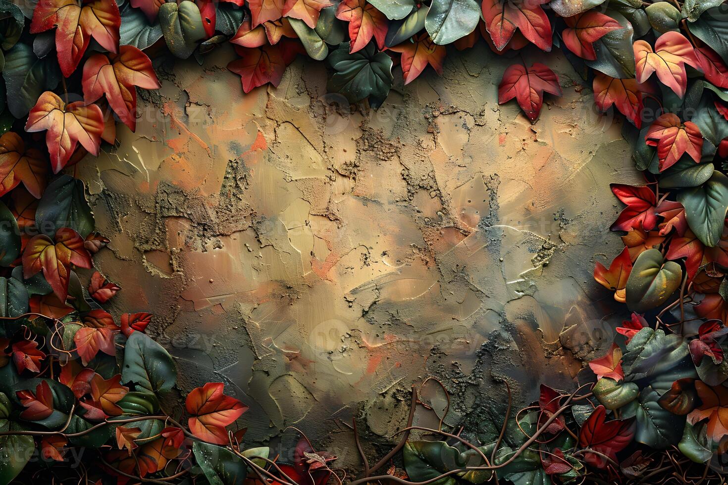 Autumn Foliage Frame on Rustic Wall Background - Design for Posters and Cards photo