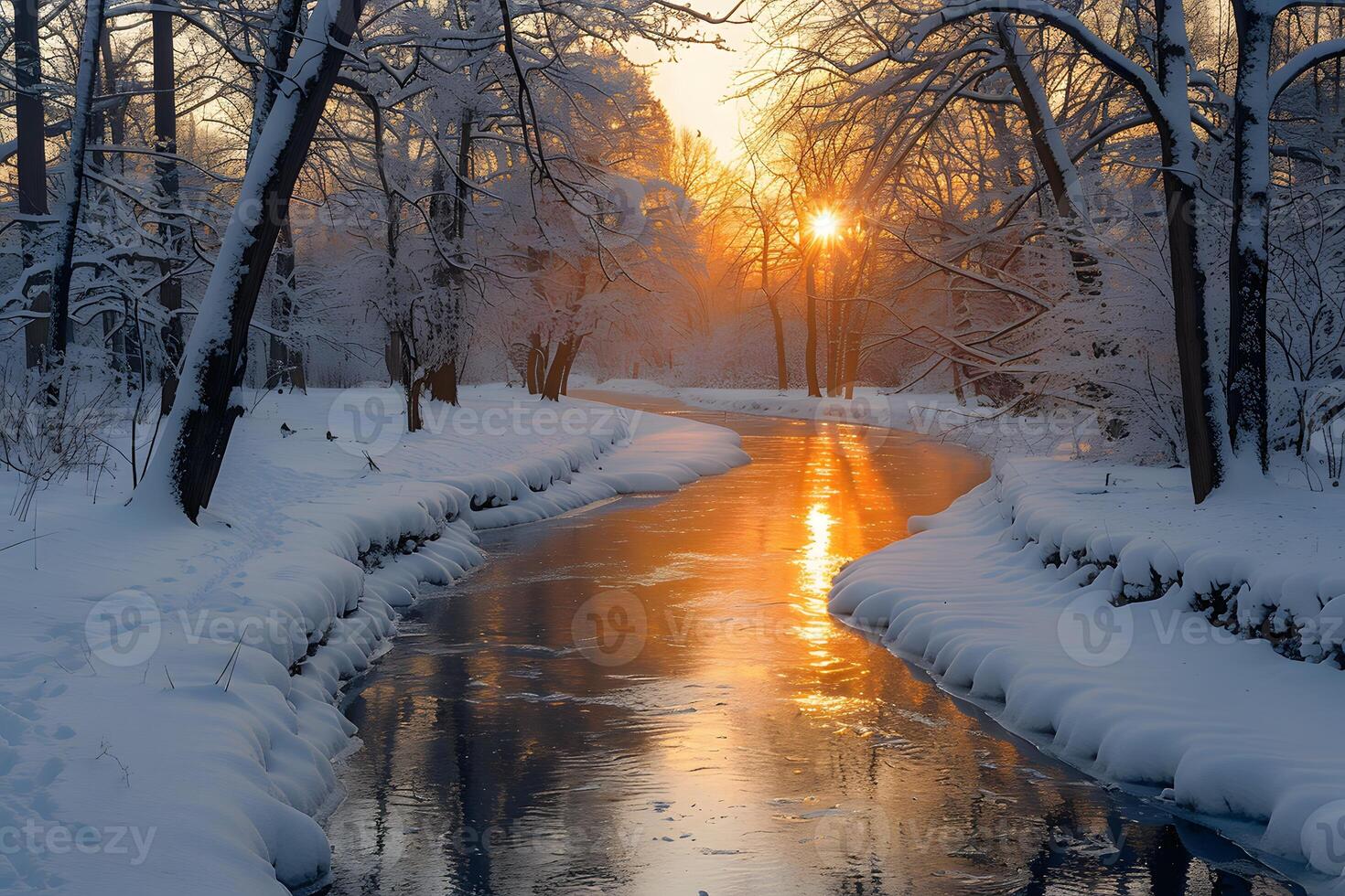 Winter Sunrise Over Serene Snow-Covered Stream - Perfect for Holiday Card or Winter Themed Posters photo
