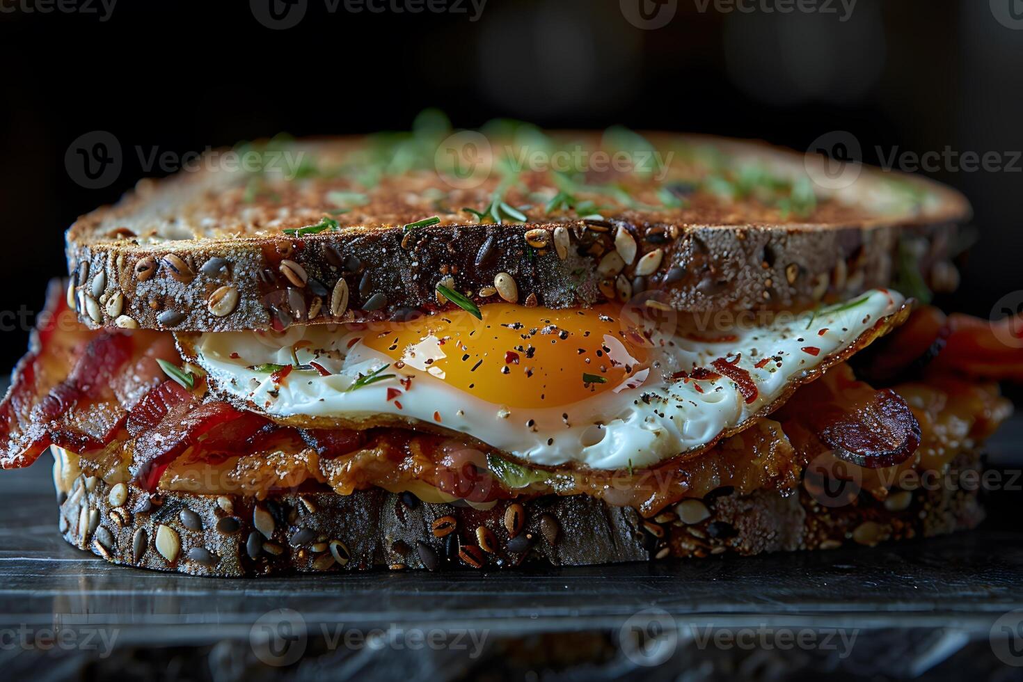 Delicious Egg and Bacon Sandwich on Multi-Seed Bread Perfect for Breakfast Menus photo