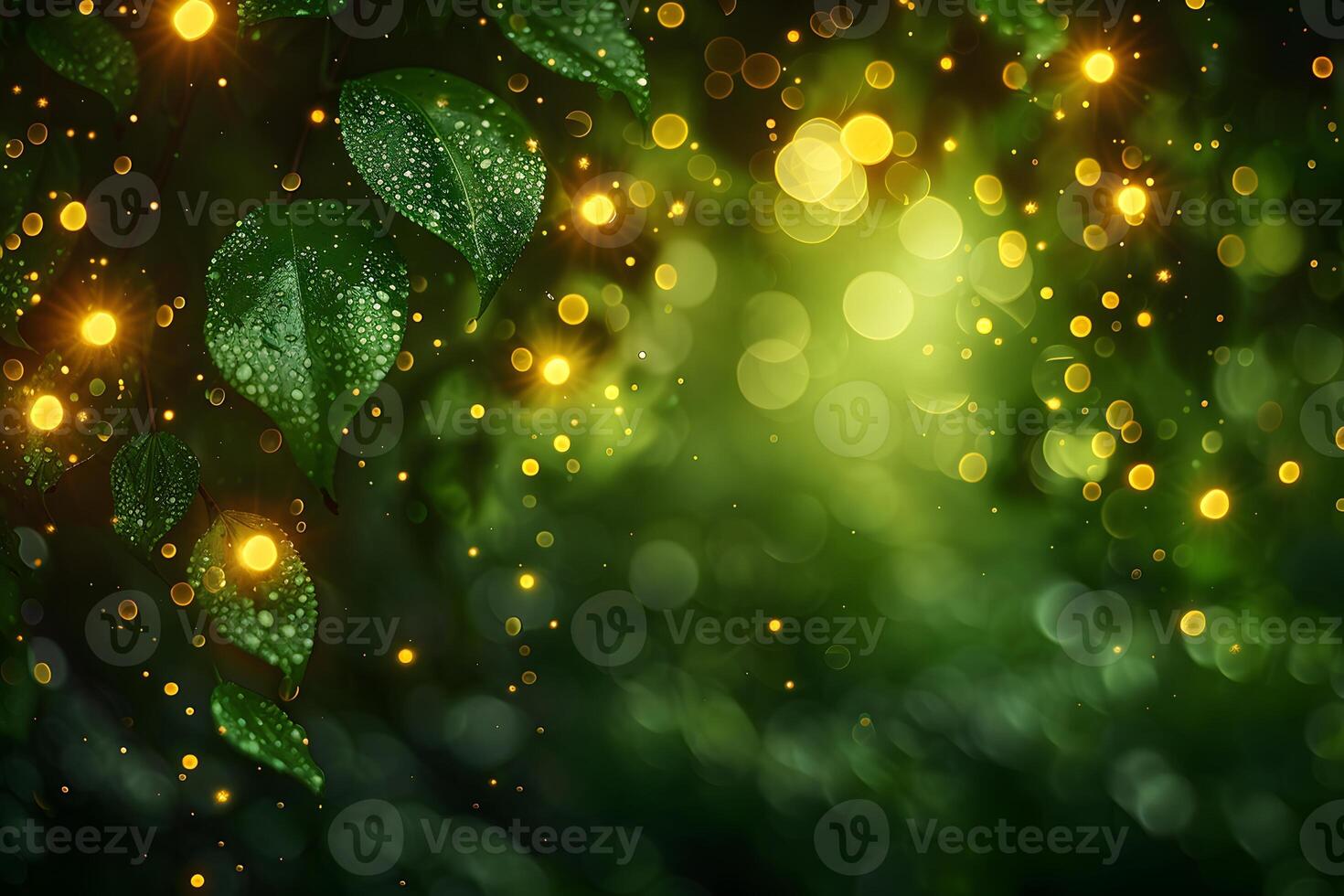 Enchanted Forest Foliage with Dew Drops and Glowing Bokeh for Nature Themed Backgrounds and Posters photo