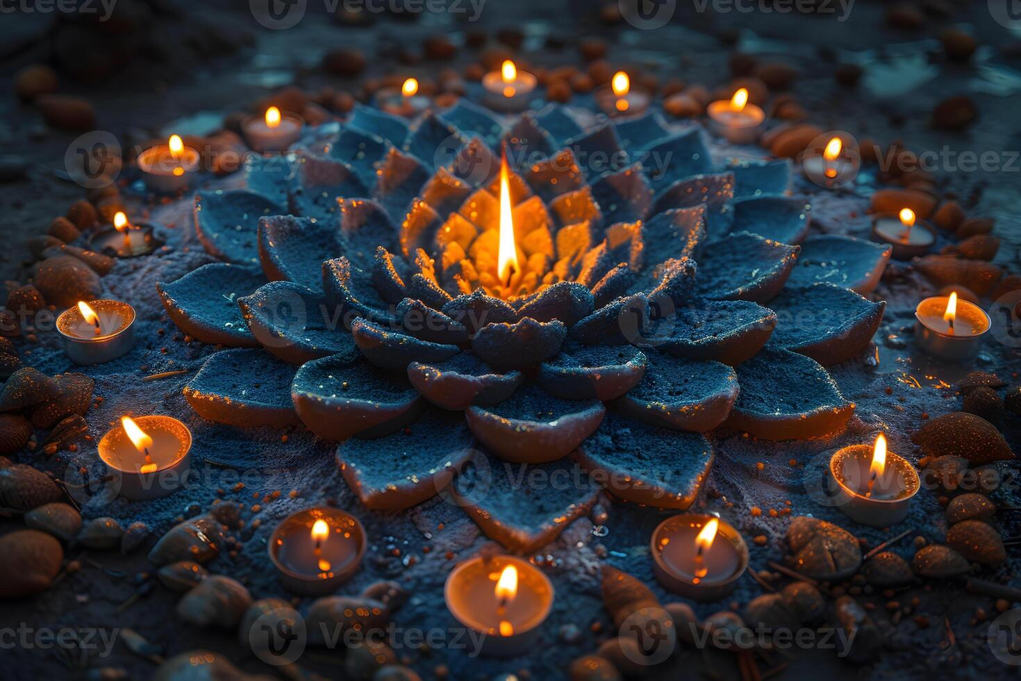 Abstract Blue Mandala with Lit Candles for Tranquil Meditation and Calm Atmosphere photo