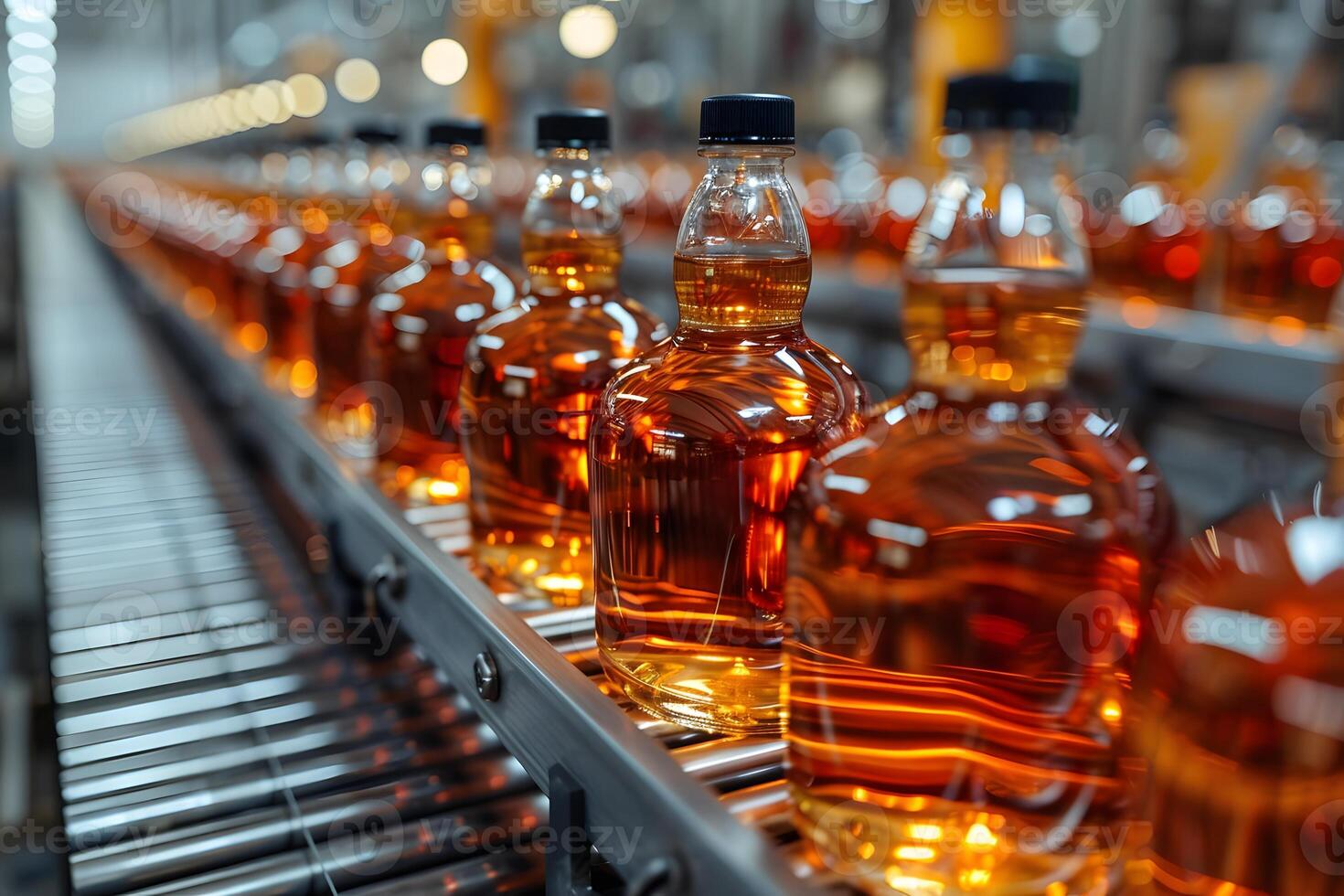 Whiskey Bottling Line in Liquor Production Factory - Closed Bottles on Manufacturing Conveyor photo