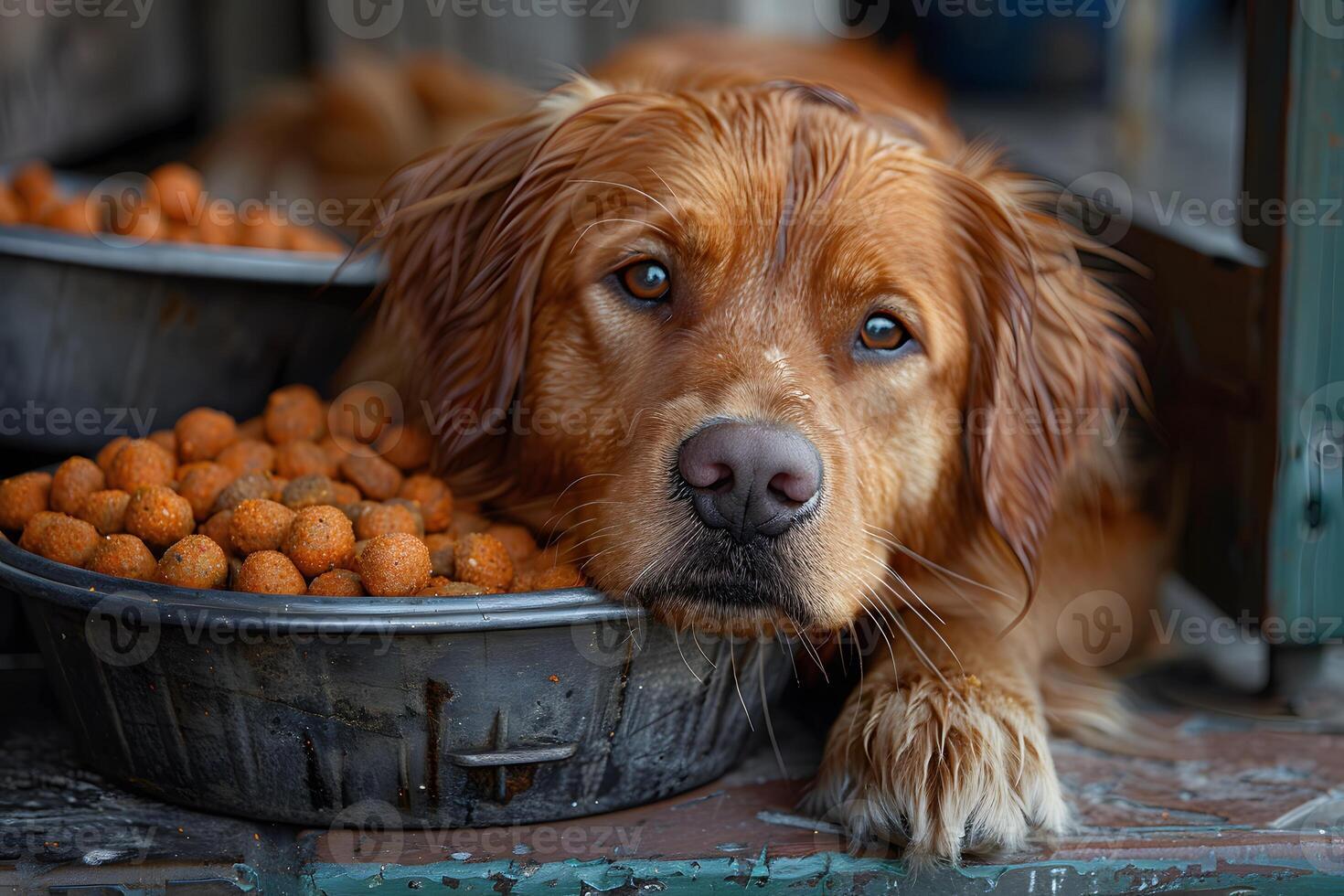 Golden Retriever Resting Near Dog Food Bowl - Pet Care, Relaxation, Stock Photo for Posters, Greeting Cards, Calendars