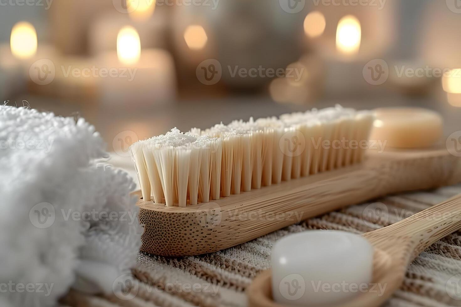 Spa Essentials Close-Up of Natural Bristle Brush with Soap and Towels in Candlelit Ambiance photo