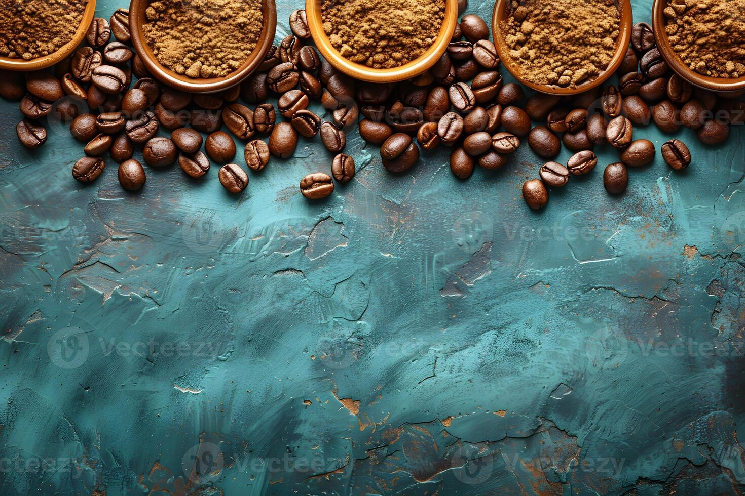 Various Roasted Coffee Beans and Ground Coffee on Rustic Teal Background for Cafe Decor or Coffee Shop Design photo