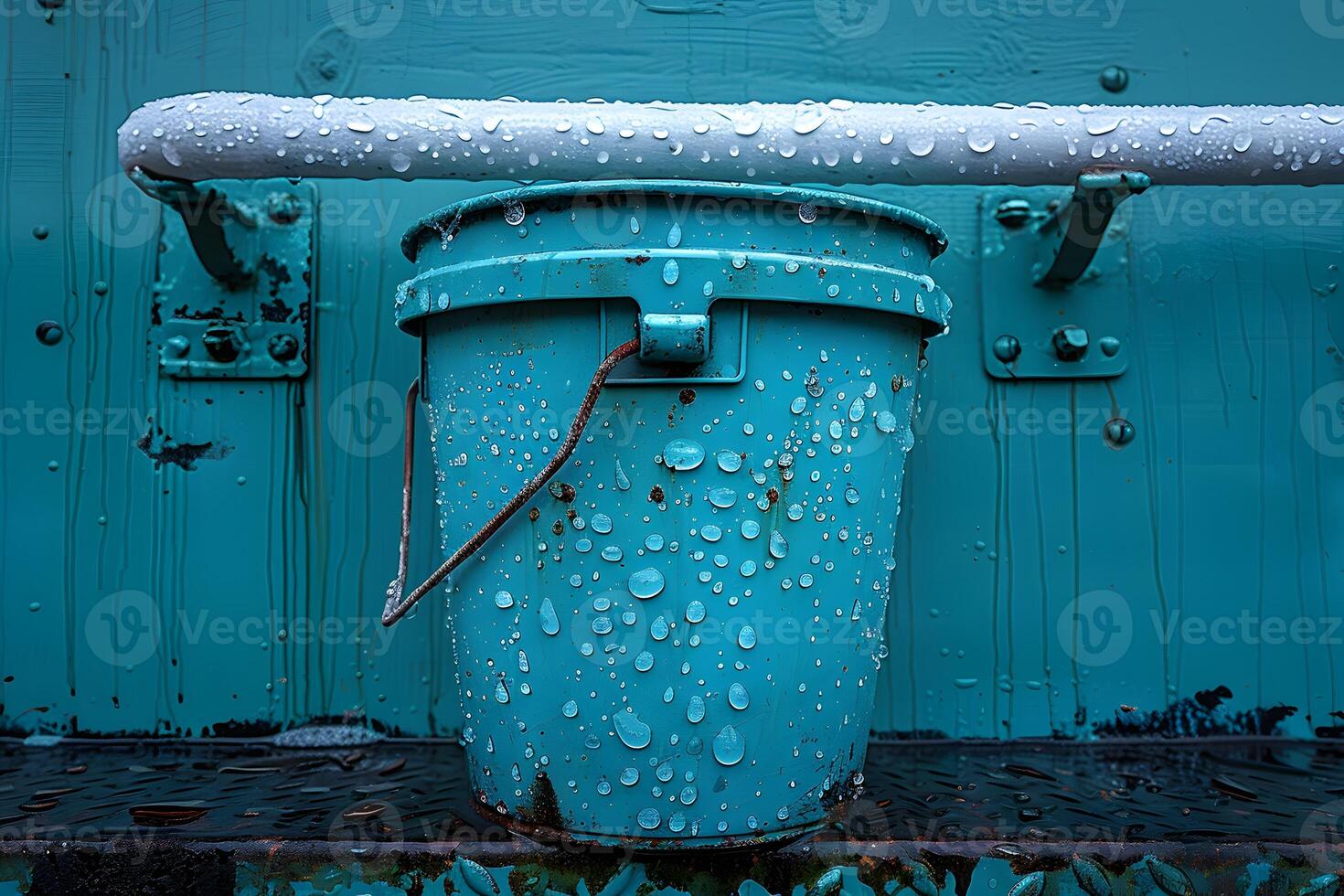 Turquoise Metal Bucket with Water Droplets on Industrial Background - Perfect for Design, Print, and Poster Use photo