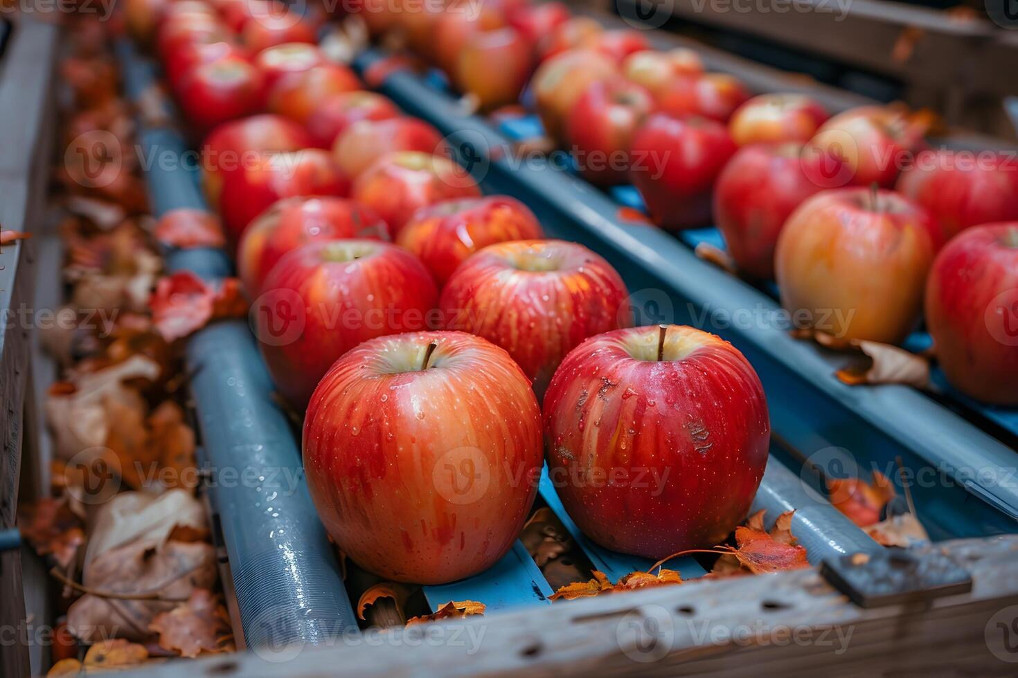 Autumn Apple Harvest Processing - Fresh Apples on Conveyor Belt with Fall Leaves photo