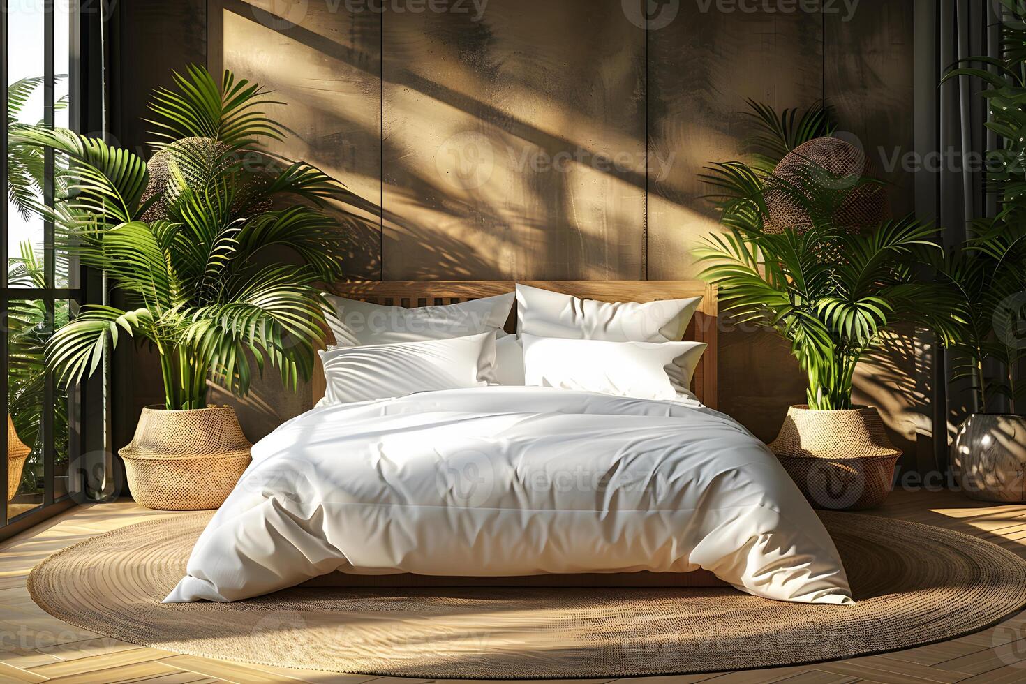 Modern Tropical Bedroom Design with Natural Light and Lush Green Plants - Ideal for Interior Design Projects photo