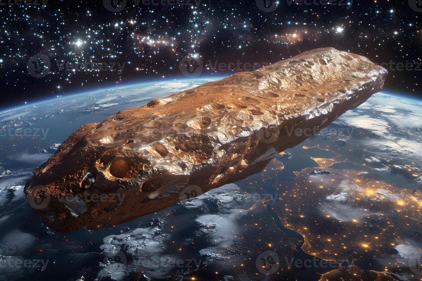 Space Asteroid Close-Up Over Earth - Science Concept for Astronomy and Space Exploration photo
