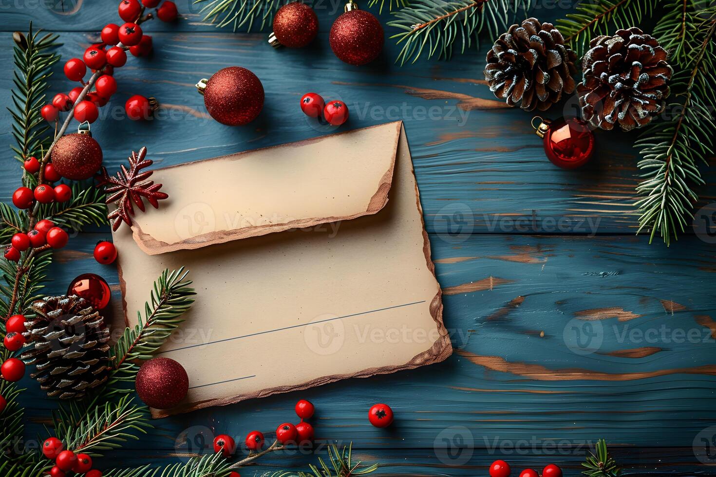 Christmas Greeting Card with Rustic Decorations - Pinecones, Ornaments, and Fir Branches on Wooden Background photo