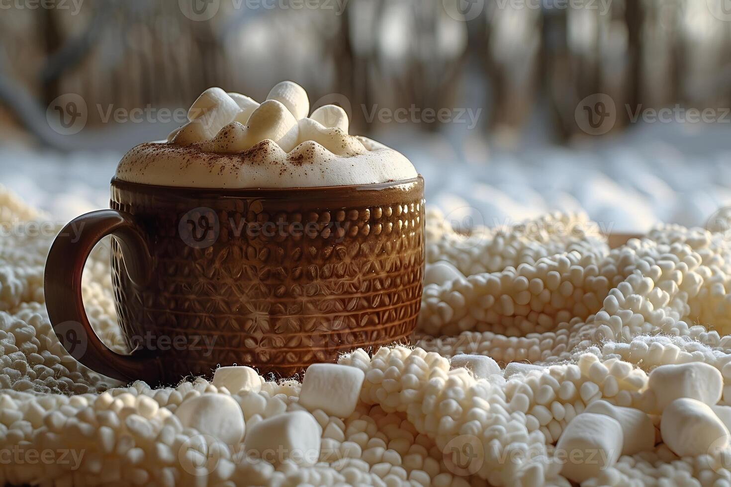 Cozy Winter Hot Chocolate with Marshmallows and Knit Blanket in Snowy Landscape photo