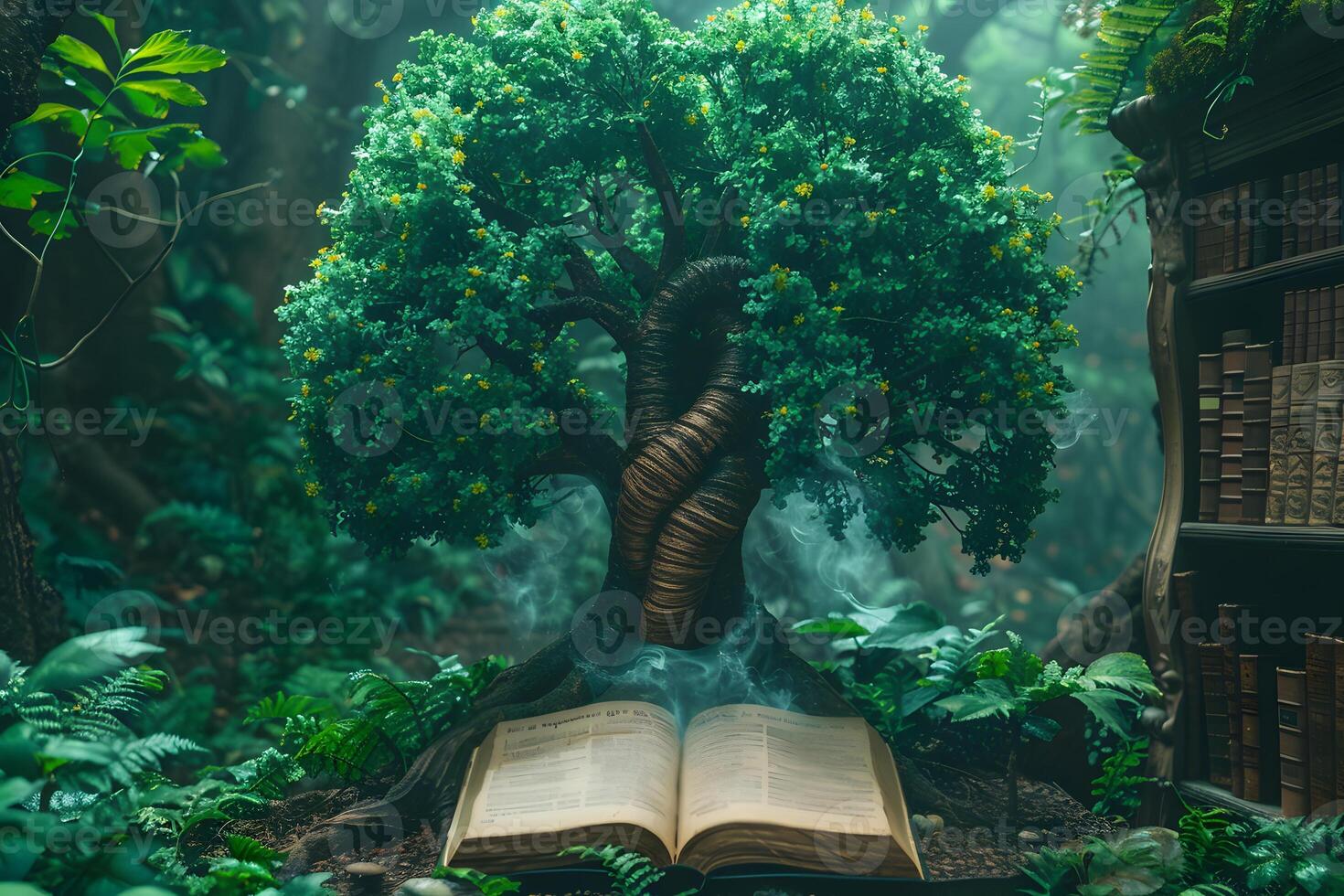 Enchanted Tree Growing from Open Book in Mystical Forest Library - Concept Art for Fantasy Literature photo