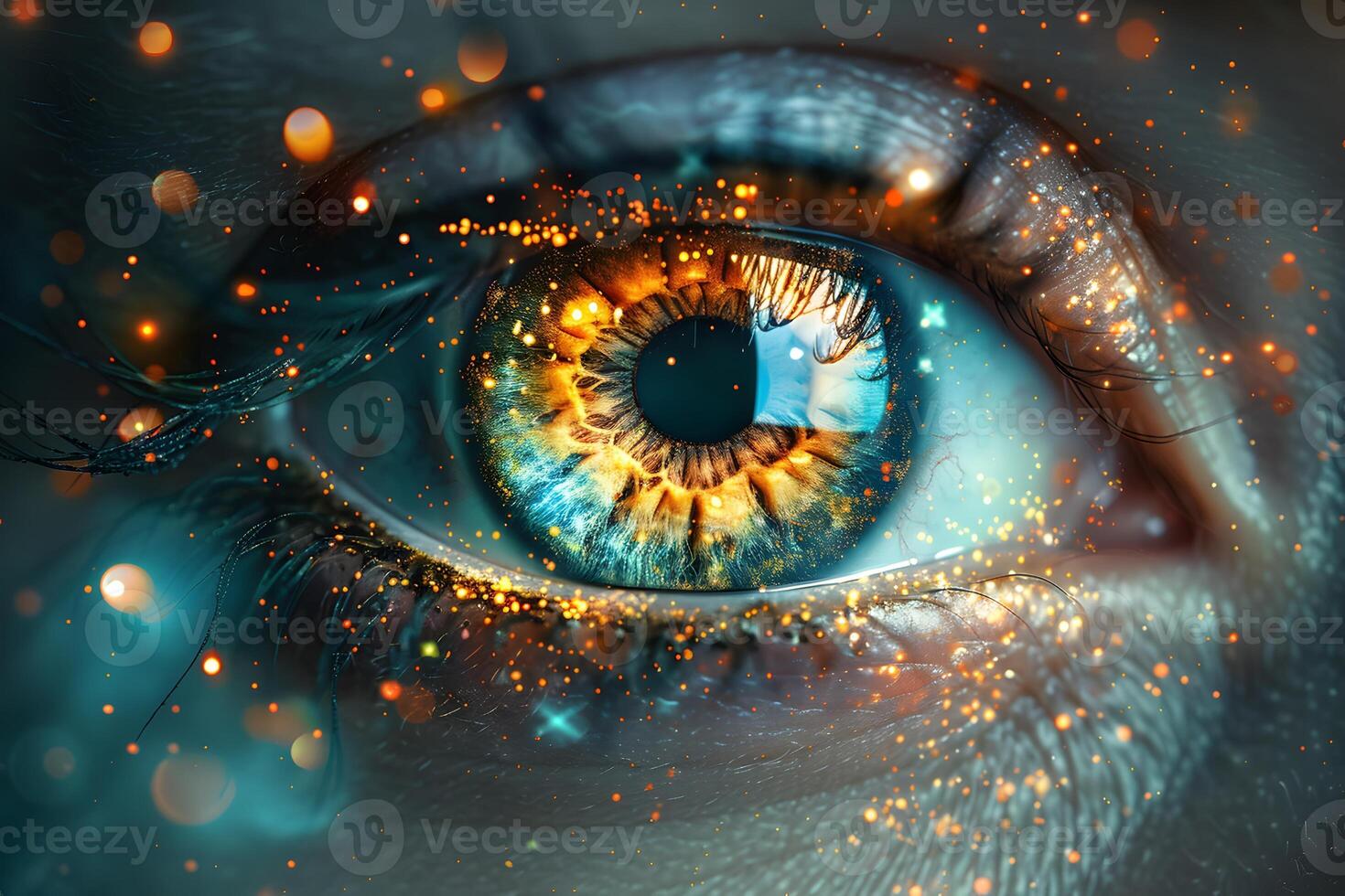 Close-Up of Reflective Human Eye with Digital Sparks - Concept for Vision, Technology, and Imagination photo