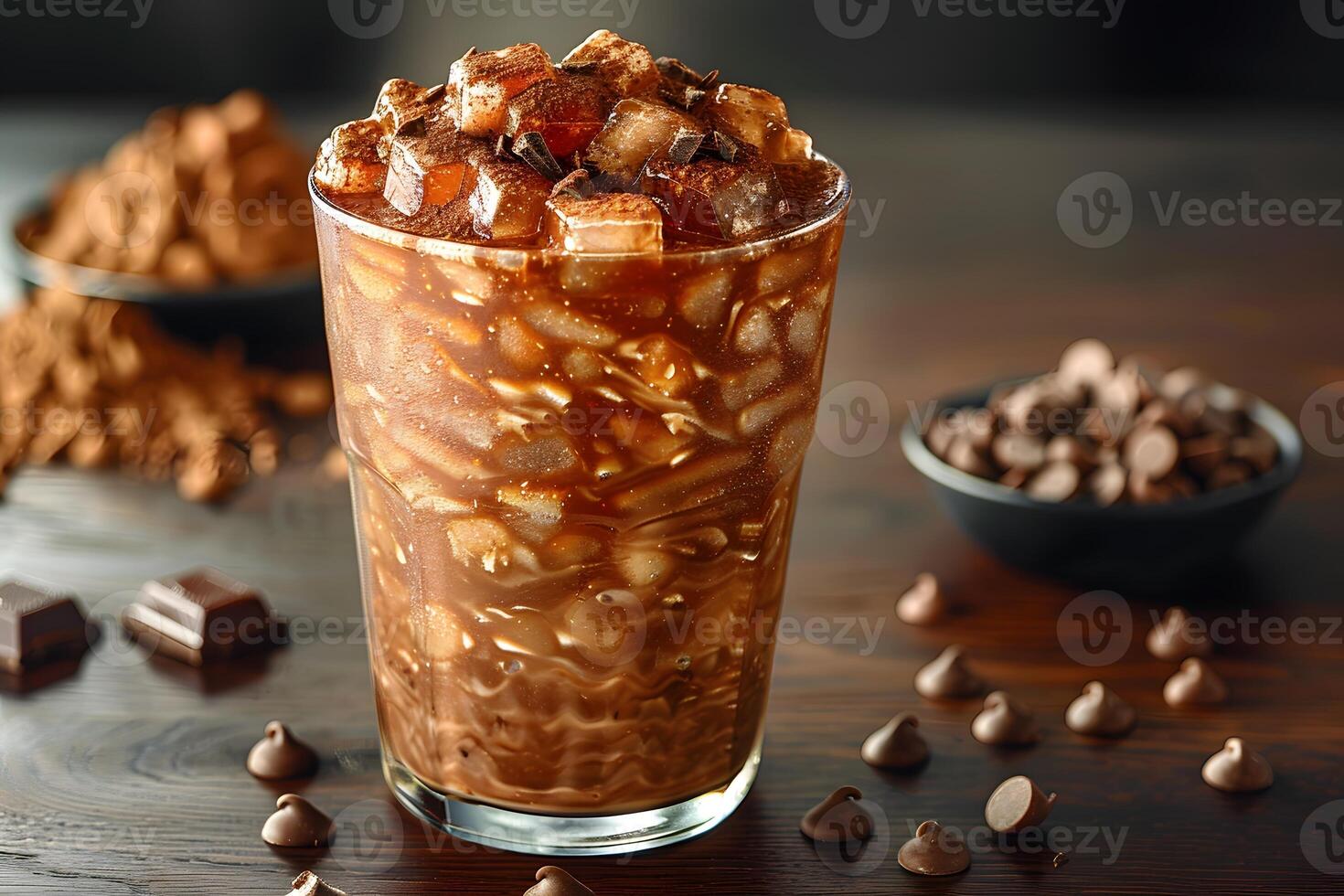 Chilled Chocolate Delight Refreshing Blended Beverage Topped with Chocolate Cubes photo