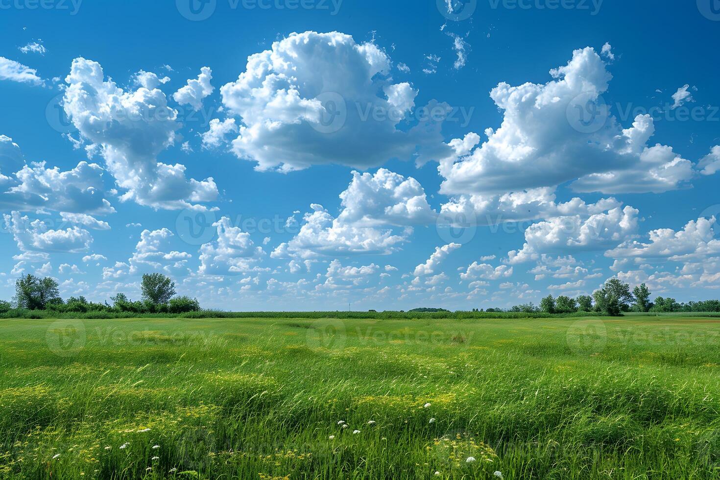Scenic Summer Meadow with Clear Blue Skies and Fluffy White Clouds - Perfect for Nature Themes or Backgrounds photo