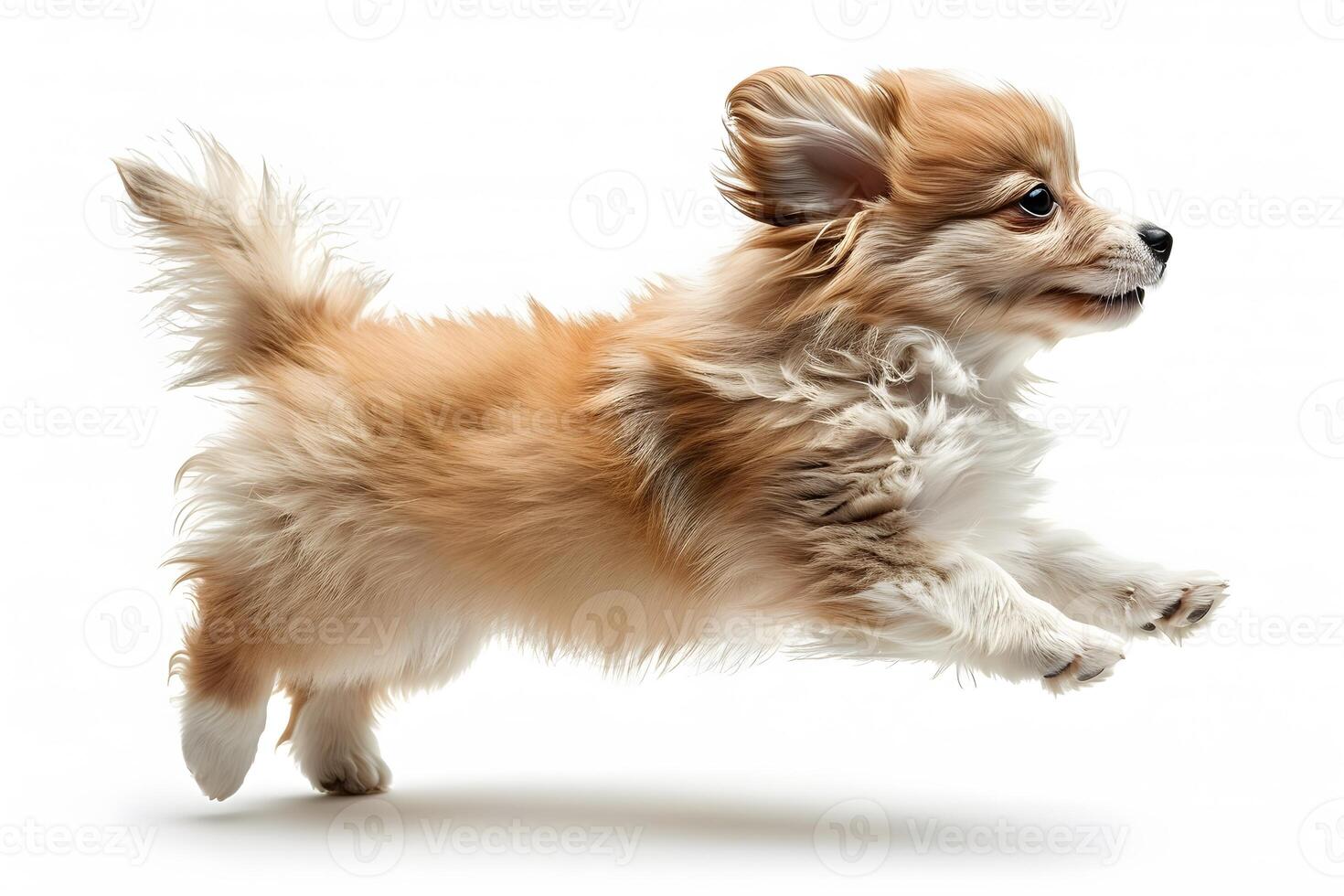 Playful Puppy in Mid-Air Jump on White Background - Perfect for Posters, Cards, and Prints photo