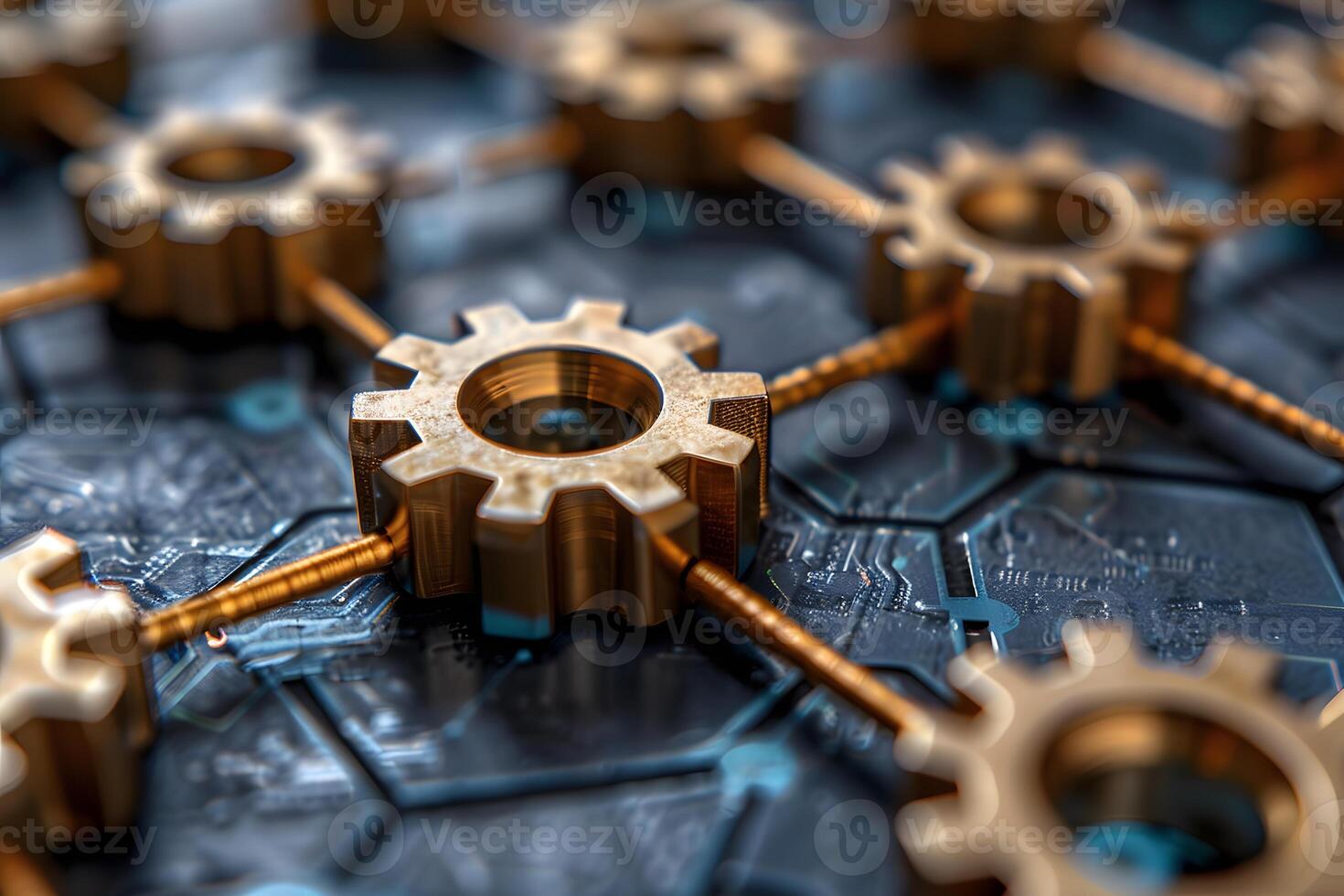 Network of Bronze Gears on Circuit Board - Technology and Industrial Concept for Digital Innovation photo