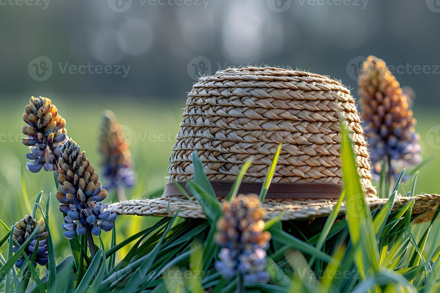 Rustic Straw Hat in Spring Garden with Blooming Hyacinth Flowers - Nature and Outdoors Concept for Seasonal Design and Decor photo