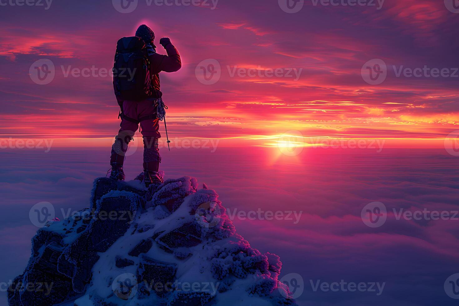Sunset Mountain Climber Celebrating at Summit - Adventure, Triumph, and Achievement Visualization for Travel Posters and Inspirational Designs photo