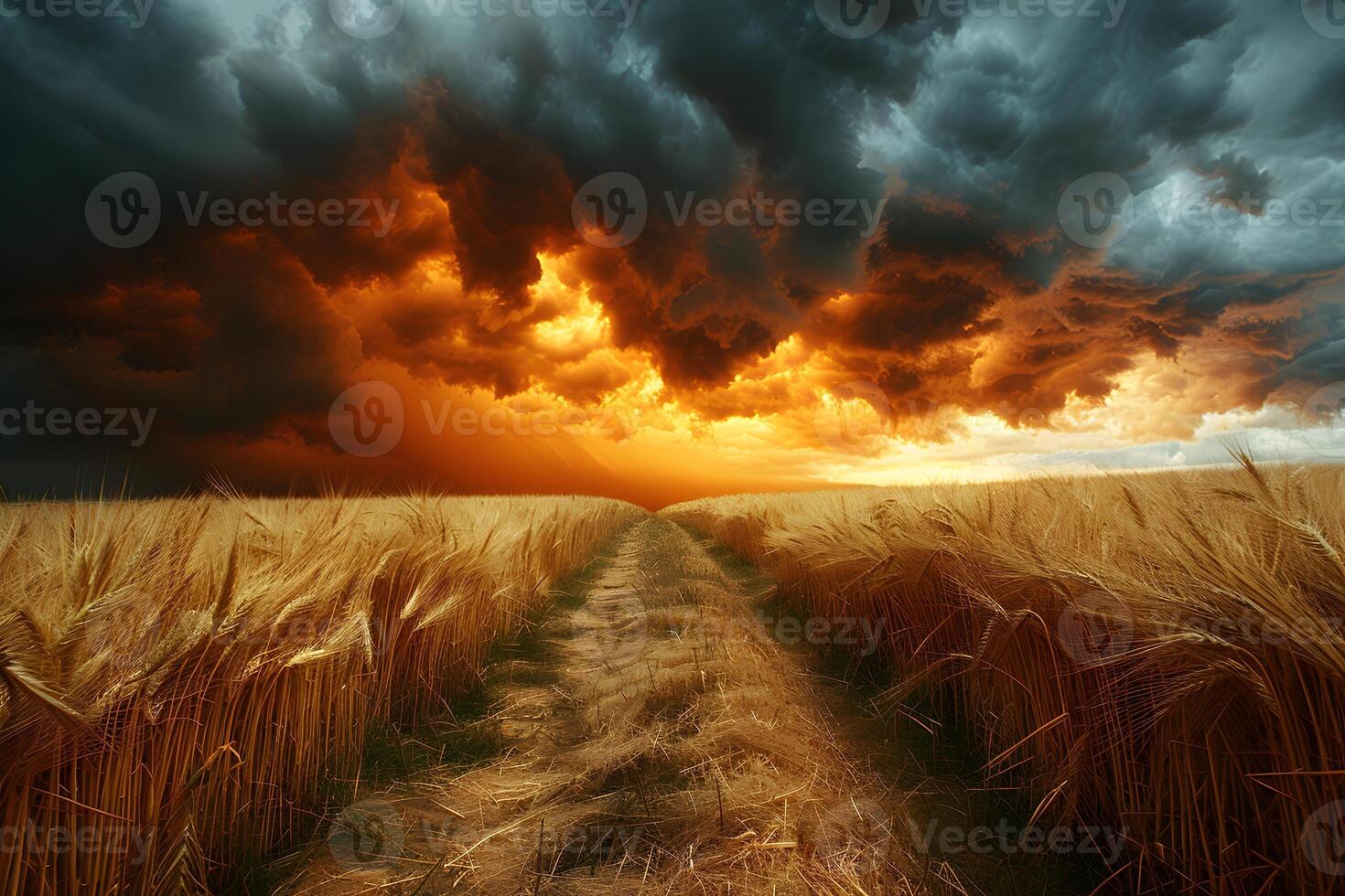 Dramatic Storm Clouds Over Golden Wheat Field at Sunset - Natural Landscape for Print, Poster, Wall Art photo