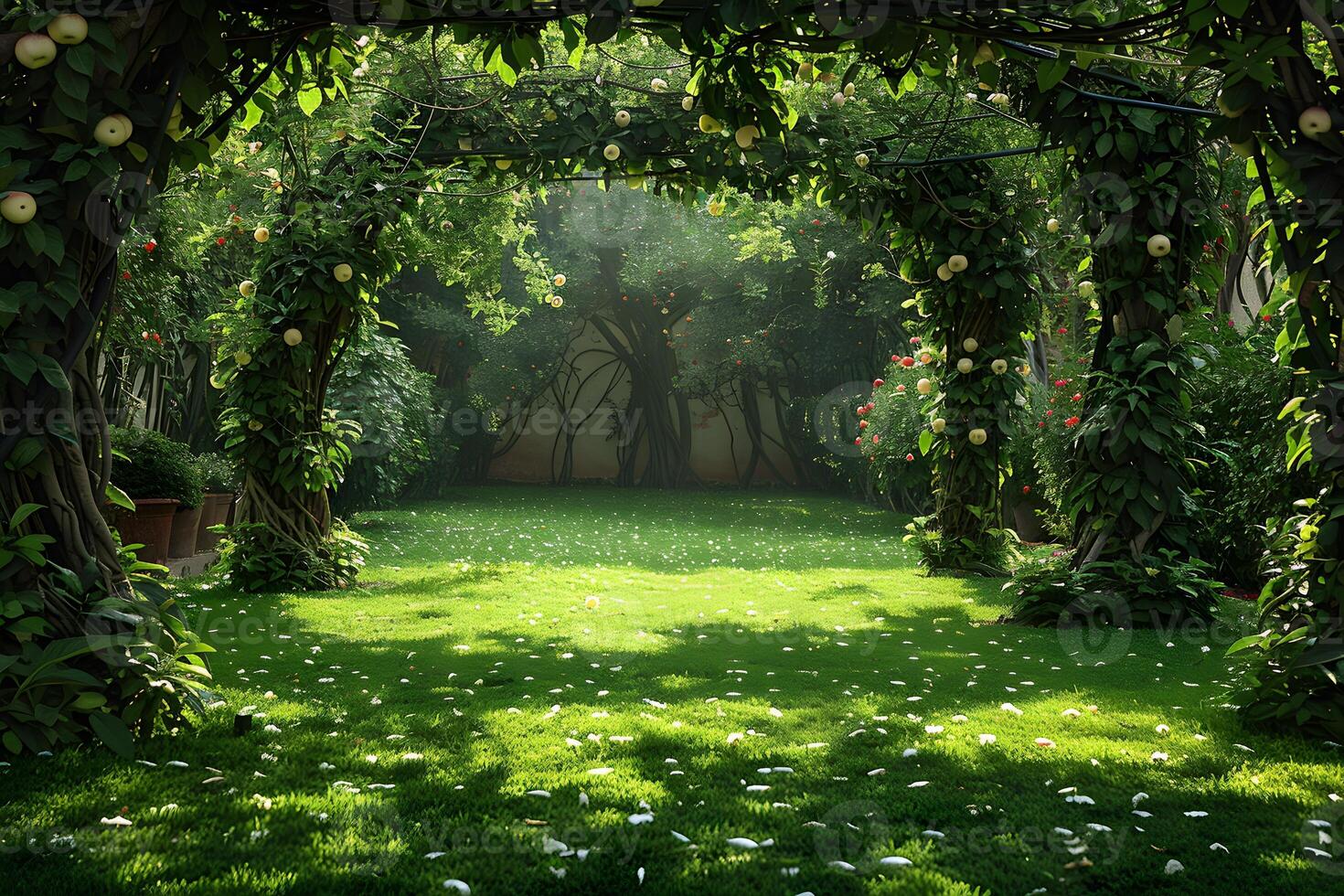 Serene Garden Archway with Lush Greenery and Apple Trees for Tranquil Outdoor Space Design photo