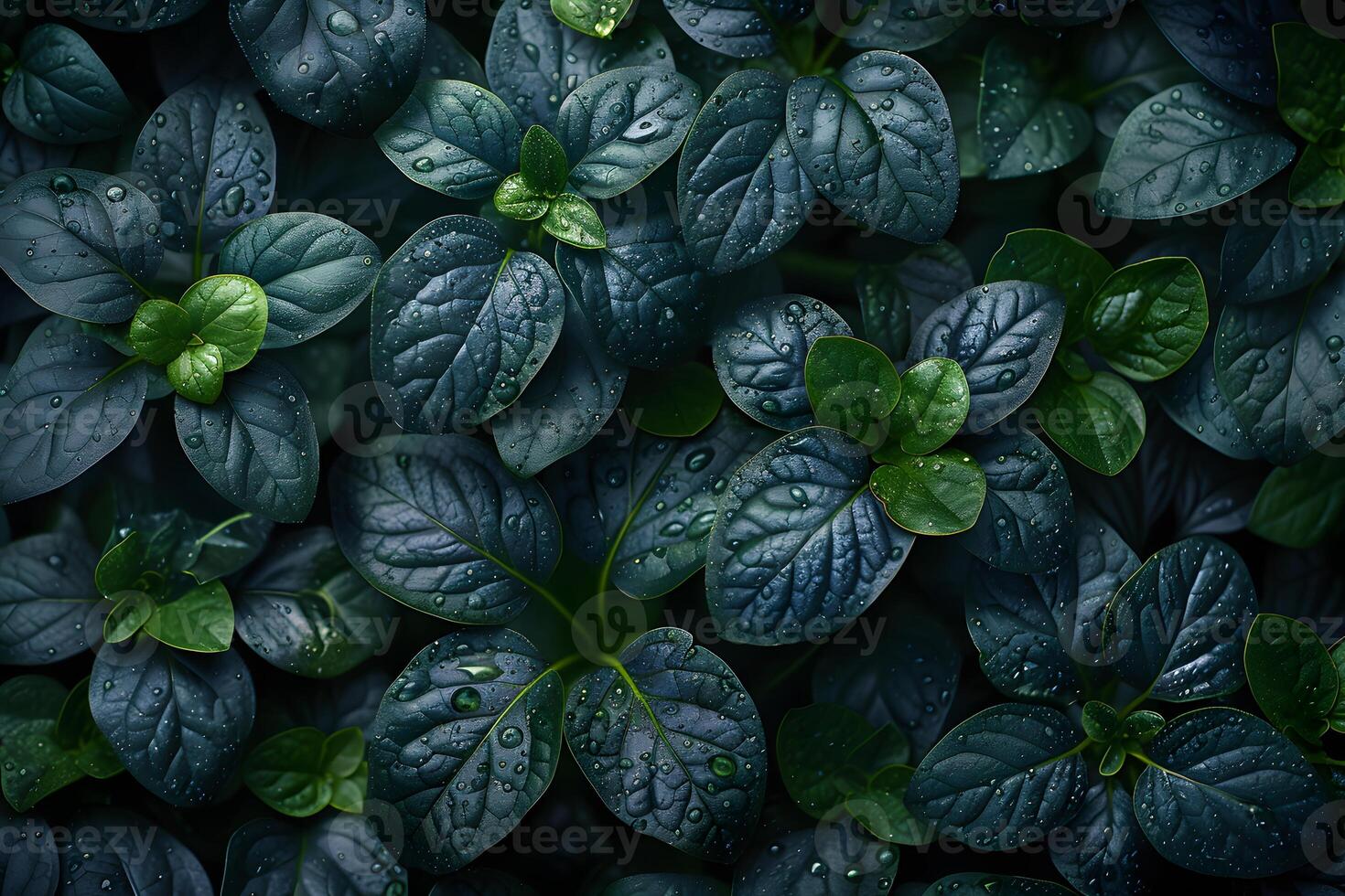 Moody Green Foliage with Dew Drops - Nature Concept for Wall Art, Garden Decor, and Digital Backgrounds photo