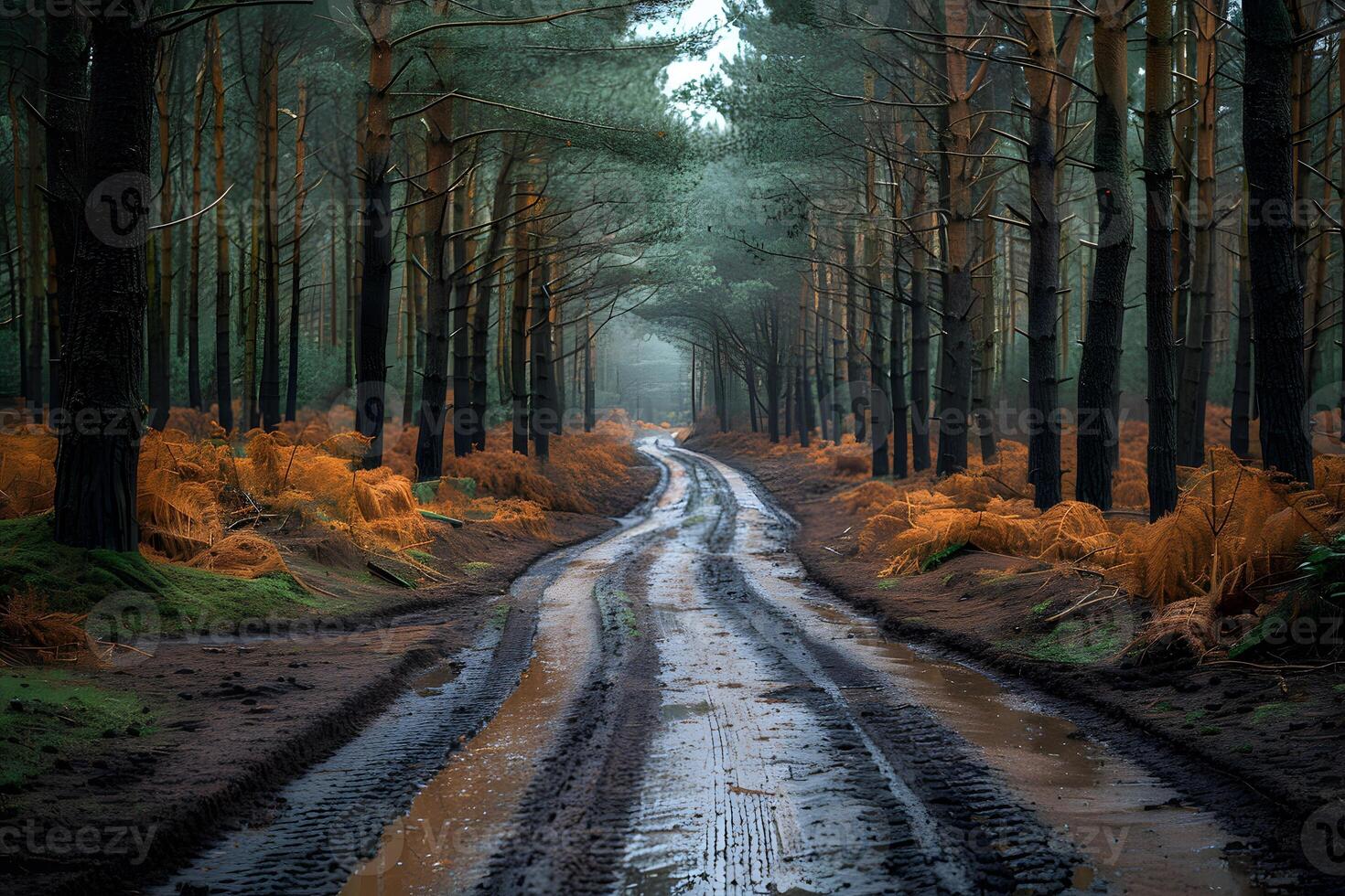 Misty Forest Pathway with Autumn Foliage -- Nature, Tranquil Scenery, Outdoor Adventure photo