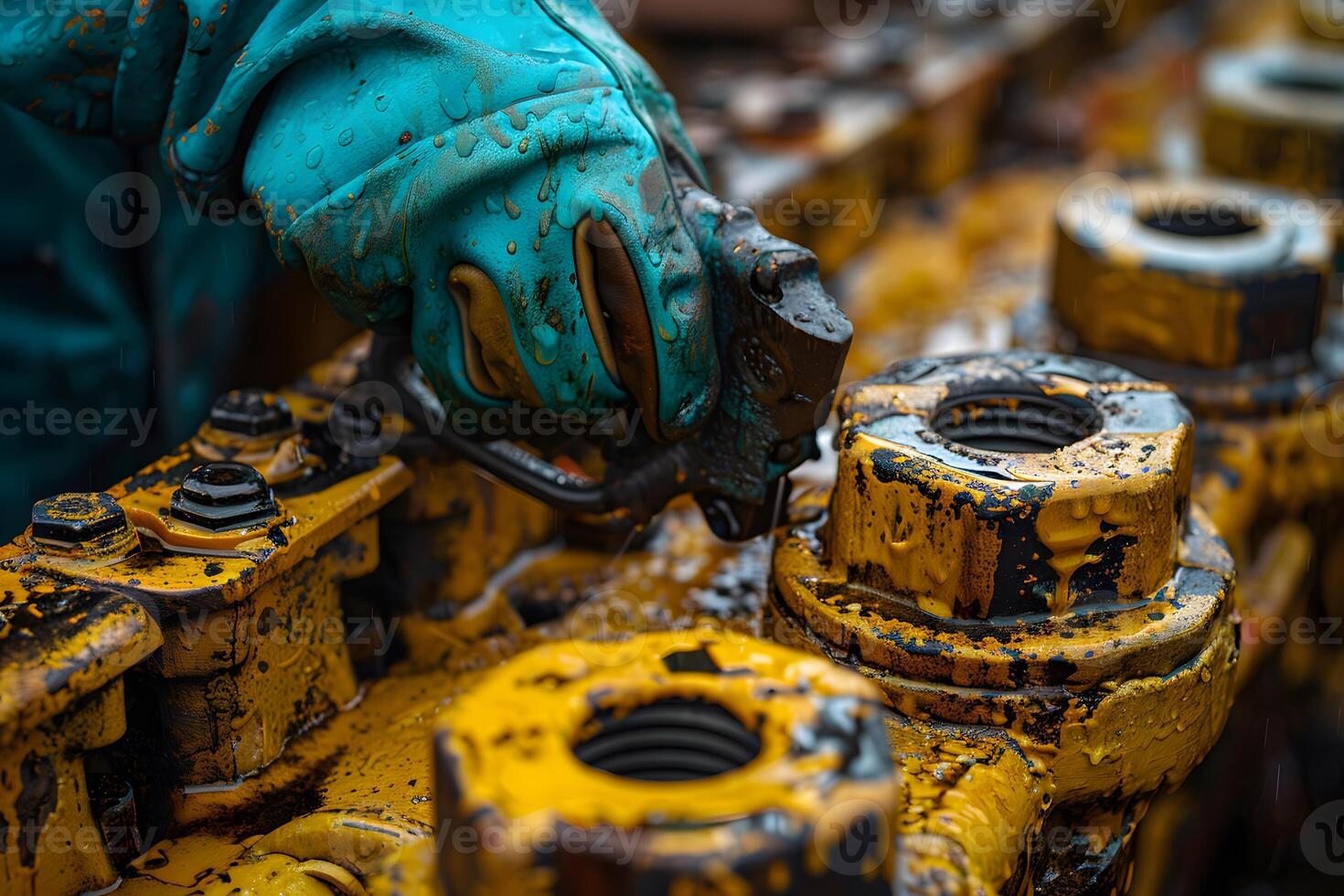 Industrial Maintenance Worker with Wrench Adjusting Wet Machinery Components photo