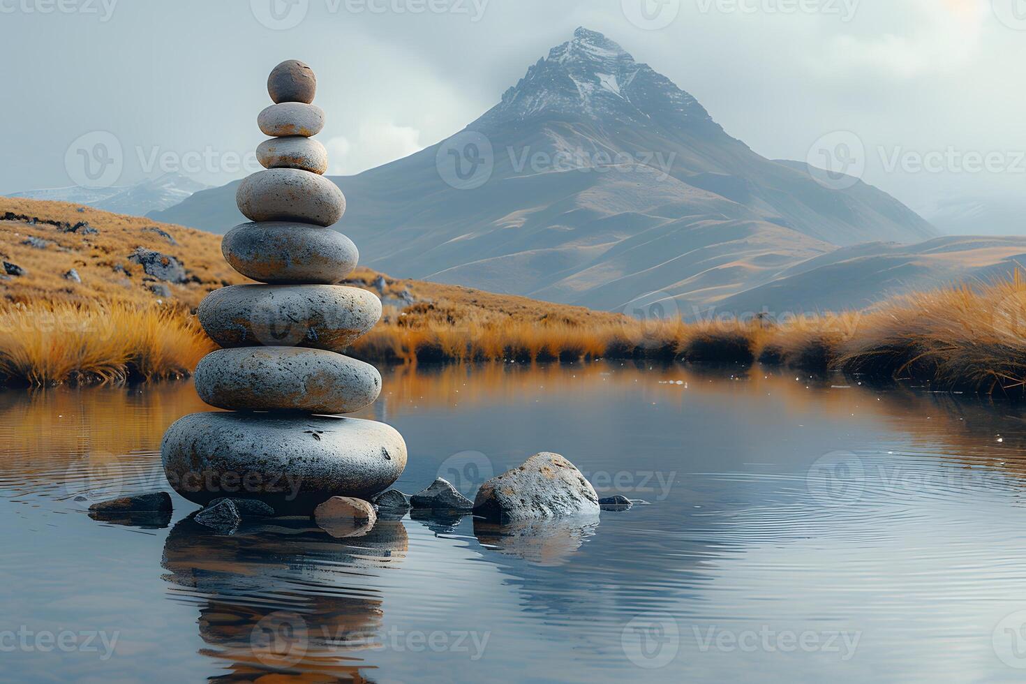 Peaceful Mountain Landscape with Stone Cairn Reflected in Calm Water for Nature Serenity Design photo