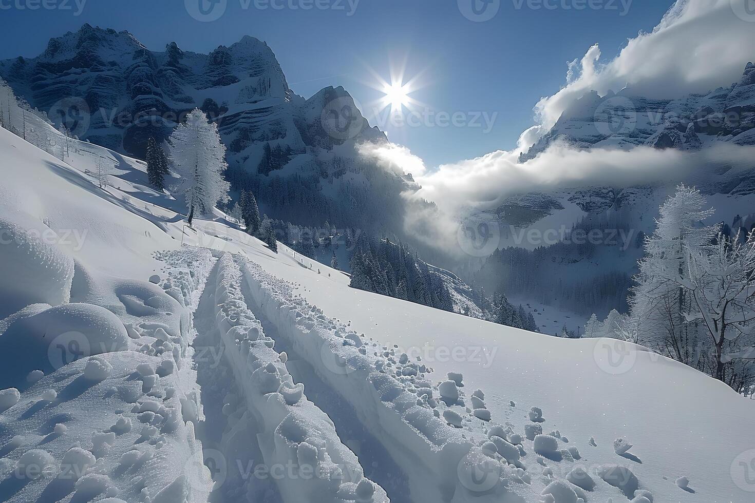 Winter Landscape with Snow-Covered Mountain Trails and Sunburst in Alpine Scenery photo