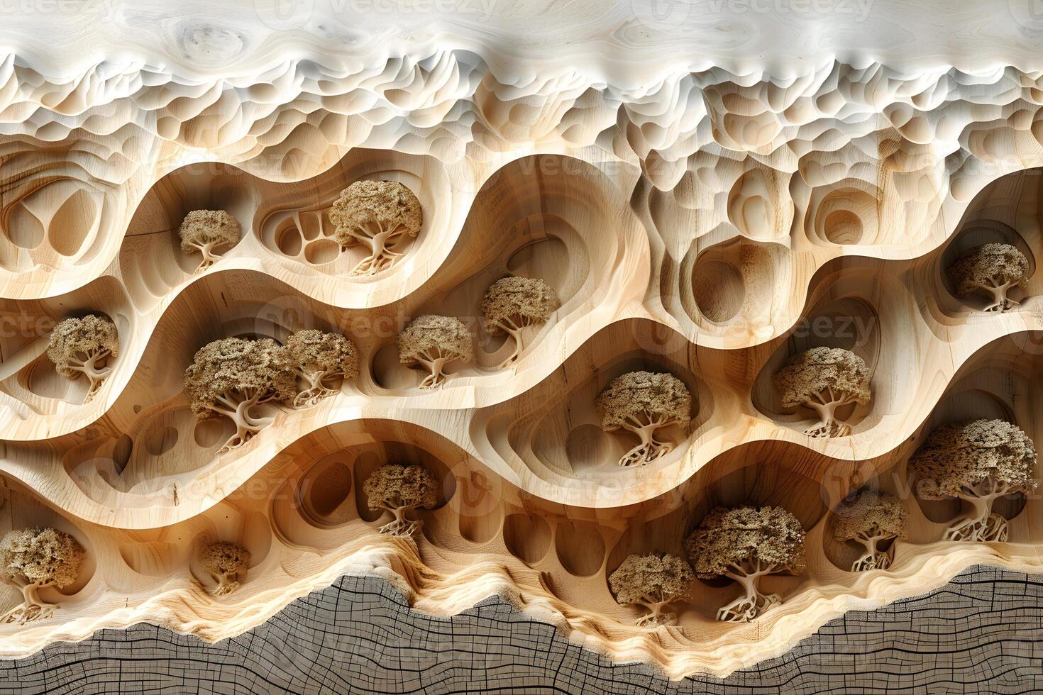 Nature-Inspired Wooden Sculpture with Intricate Tree Carvings and Topographic Patterns for Artistic Design photo