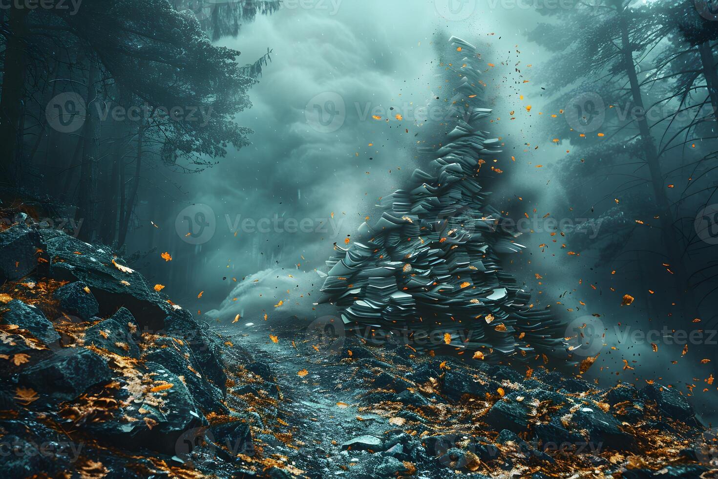 Mysterious Forest Path with Floating Rock Formation and Falling Autumn Leaves - Enchanted Nature Wonderland for Fantasy Designs photo
