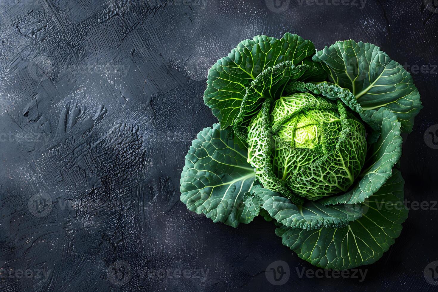 Fresh Savoy Cabbage on Dark Background - Vibrant Green Vegetables for Healthy Cooking, Design, Posters, and Nutritional Content photo