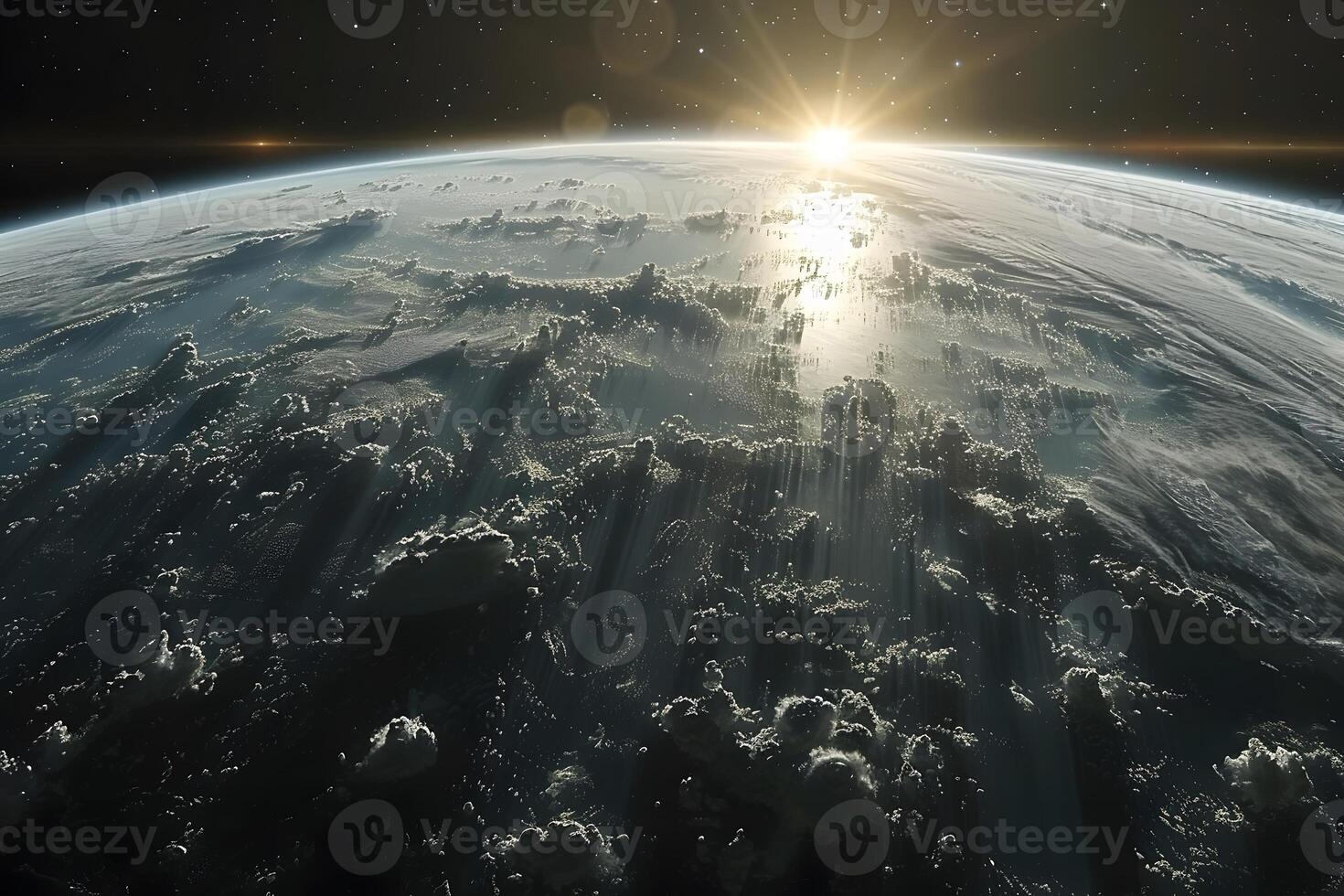 Spectacular Sunrise Over Earth from Space with Sun Rays and Cloud Formations - Perfect for Science and Astronomy Visuals photo
