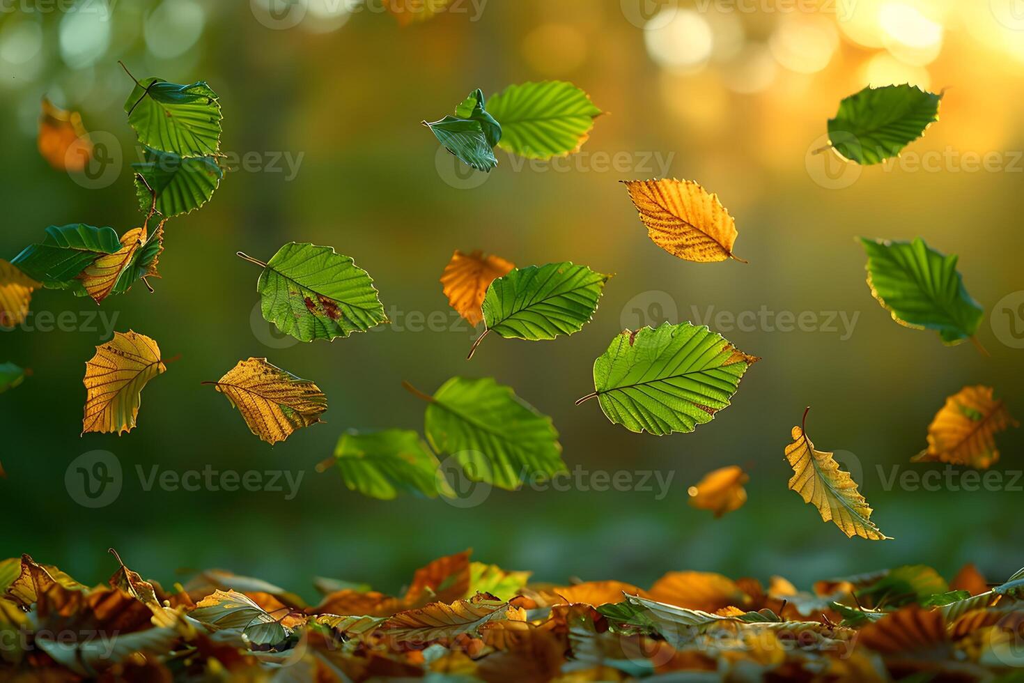 Autumn Leaves Falling in Sunlit Forest - Seasonal Nature Photography for Posters and Prints photo